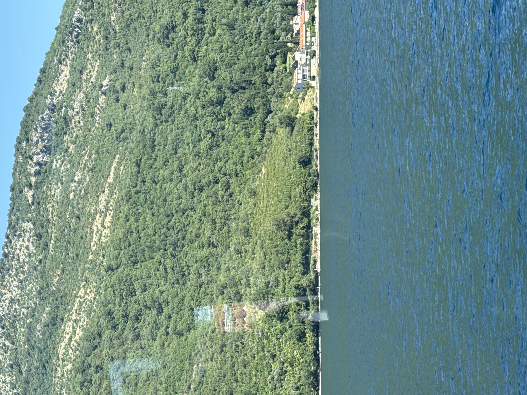 The image depicts a coastal scene in Lepetane, Montenegro. A calm, deep blue body of water occupies the foreground, with gentle ripples on its surface. In the midground, a green, densely vegetated hillside rises steeply. Scattered across the hillside are patches of rocky terrain and what appear to be terraces or cleared areas. Several houses with white walls and red-tiled roofs are visible nestled along the shoreline at the base of the hill. A few tall, slender trees are interspersed among the buildings. The background is dominated by the lush green mountain slopes, with a clear blue sky above. There is a reflection on the left side of the image, possibly from a window or another surface. A power line pylon is visible higher up on the slope. The overall impression is one of a serene, natural landscape with a small, inhabited settlement.