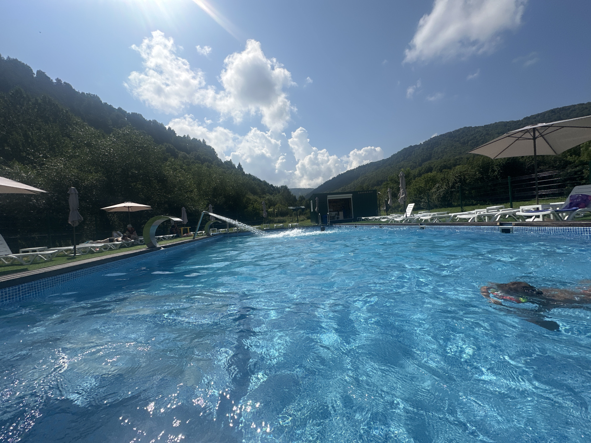 The image depicts an outdoor swimming pool on a sunny day. The pool is filled with clear blue water, and the surface is rippled with sunlight reflecting off it. In the foreground, a person is swimming, their head and shoulders visible above the water. The pool area is surrounded by loungers and umbrellas, with some people relaxing on the loungers. In the background, lush green hills covered in trees rise up, creating a scenic backdrop. The sky is blue with scattered white clouds, and the sun is shining brightly, casting a lens flare across the top left of the image. A small building or booth is visible behind the pool. The scene appears to be a resort or recreational area.