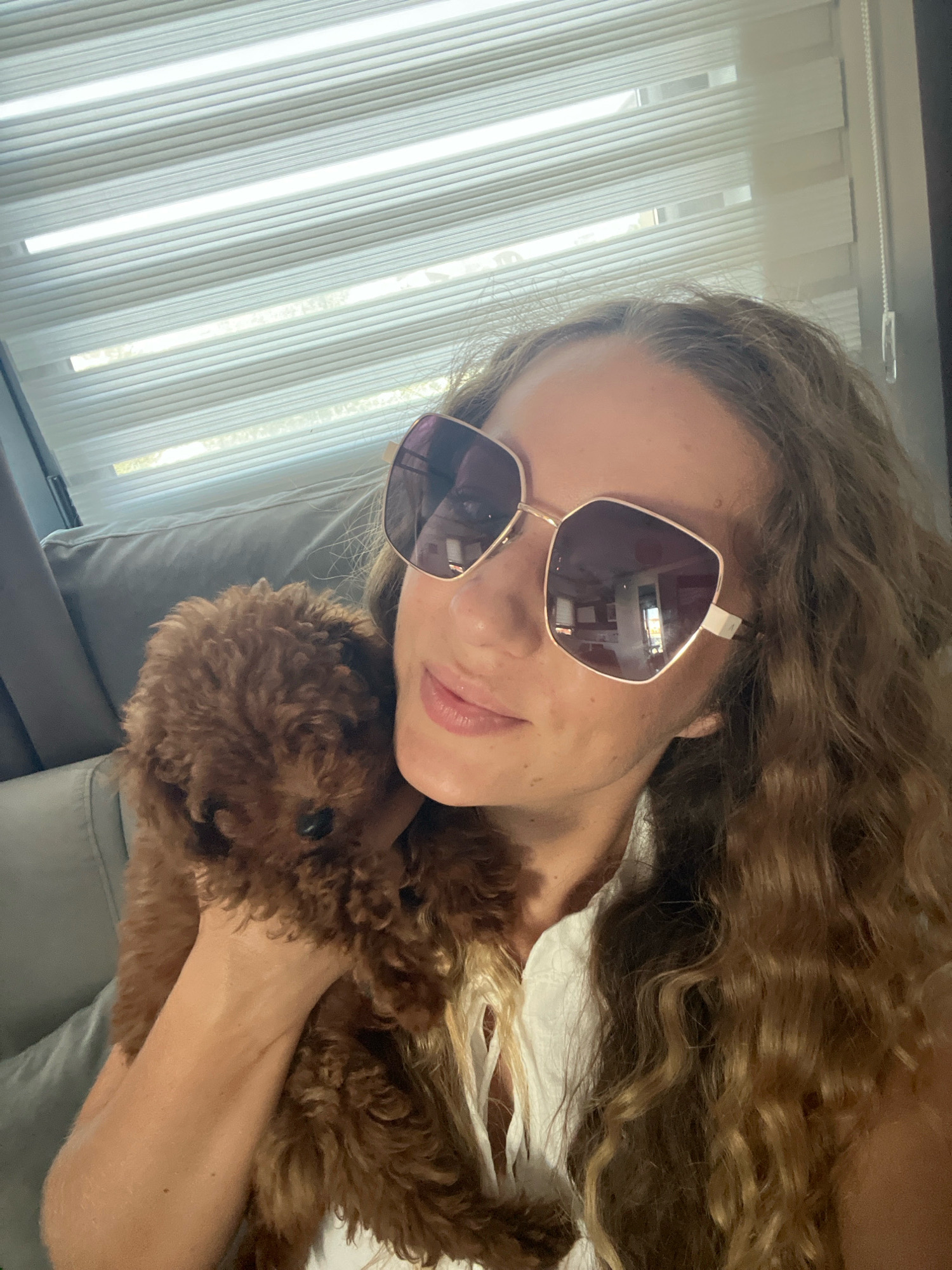 A woman with long, curly brown hair is holding a small, brown toy poodle while sitting on a couch. She is wearing large, square sunglasses with a rose gold frame and a white collared shirt. The woman is looking towards the camera, and the dog is nestled in her arms, looking down and to the left. Behind them, there are horizontal blinds with light filtering through them, suggesting an indoor setting with natural light. The overall impression is of a relaxed, personal moment. The blinds and couch suggest an apartment or hotel room in the city of Alanya, Turkey.