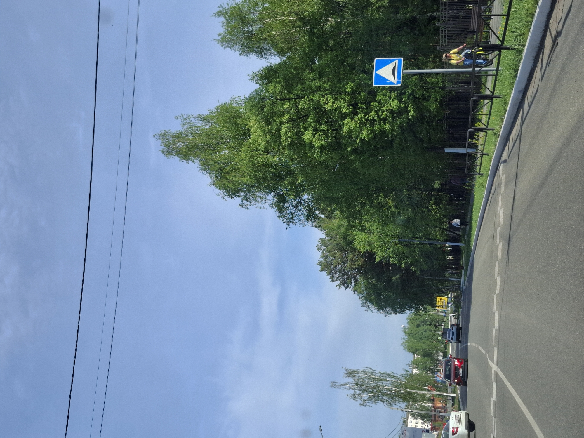 The image depicts a street scene in Chaikovsky, Russia. The view is likely from a car, looking at the street and the surrounding environment. The road is asphalt with white lines marking lanes. On the right side of the road, there is a curb and sidewalk, followed by a metal fence with a signpost displaying a blue road sign depicting a horn. A person on a bicycle is near the fence. Trees with green foliage are present alongside the street. The sky is blue with some clouds. In the distance, several vehicles are driving on the road. Power lines stretch across the sky on the left side of the image. Buildings are visible in the far distance.
