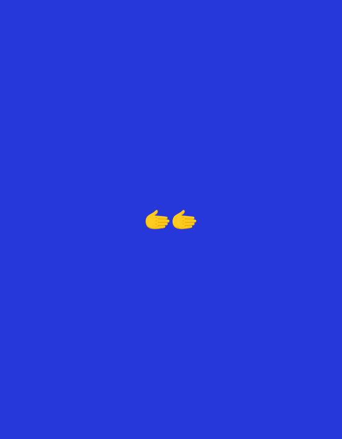 Two yellow hand emojis are displayed in the center of a vibrant blue background. The hands are open with fingers extended, palms facing outward, and are positioned side-by-side.