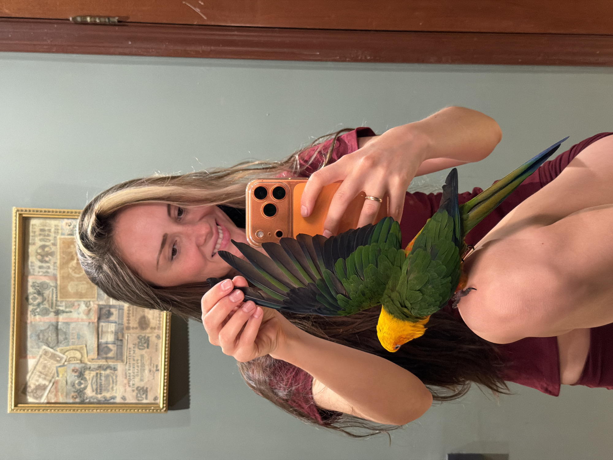 A woman with long, dark hair, featuring a blonde streak, is taking a mirror selfie. She is smiling and holding a bright orange smartphone in her right hand. A green and yellow parrot is perched on her left leg, with its wings partially extended. The parrot's head is turned to the side, and its beak is visible. The woman is wearing a maroon shirt. In the background, a framed picture containing various old banknotes hangs on a light gray wall. To the right of the image, a portion of a dark brown wooden door is visible. The setting appears to be indoors, possibly a bathroom, given the presence of a mirror. The image was taken in Khimki, Russia.