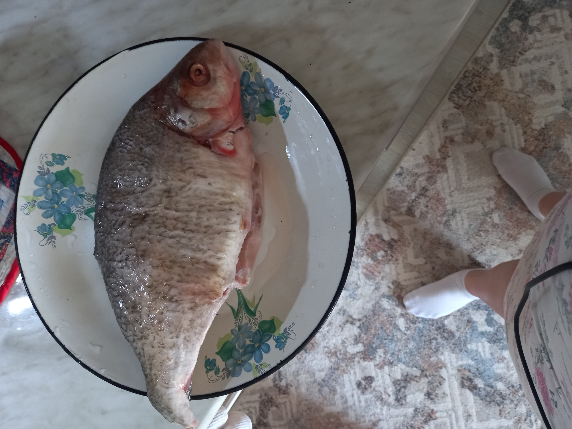 A fish lies on a floral-patterned plate. Adjacent is a person wearing white socks and an apron, standing on a patterned rug. The location is in the city of Unknown, Unknown.