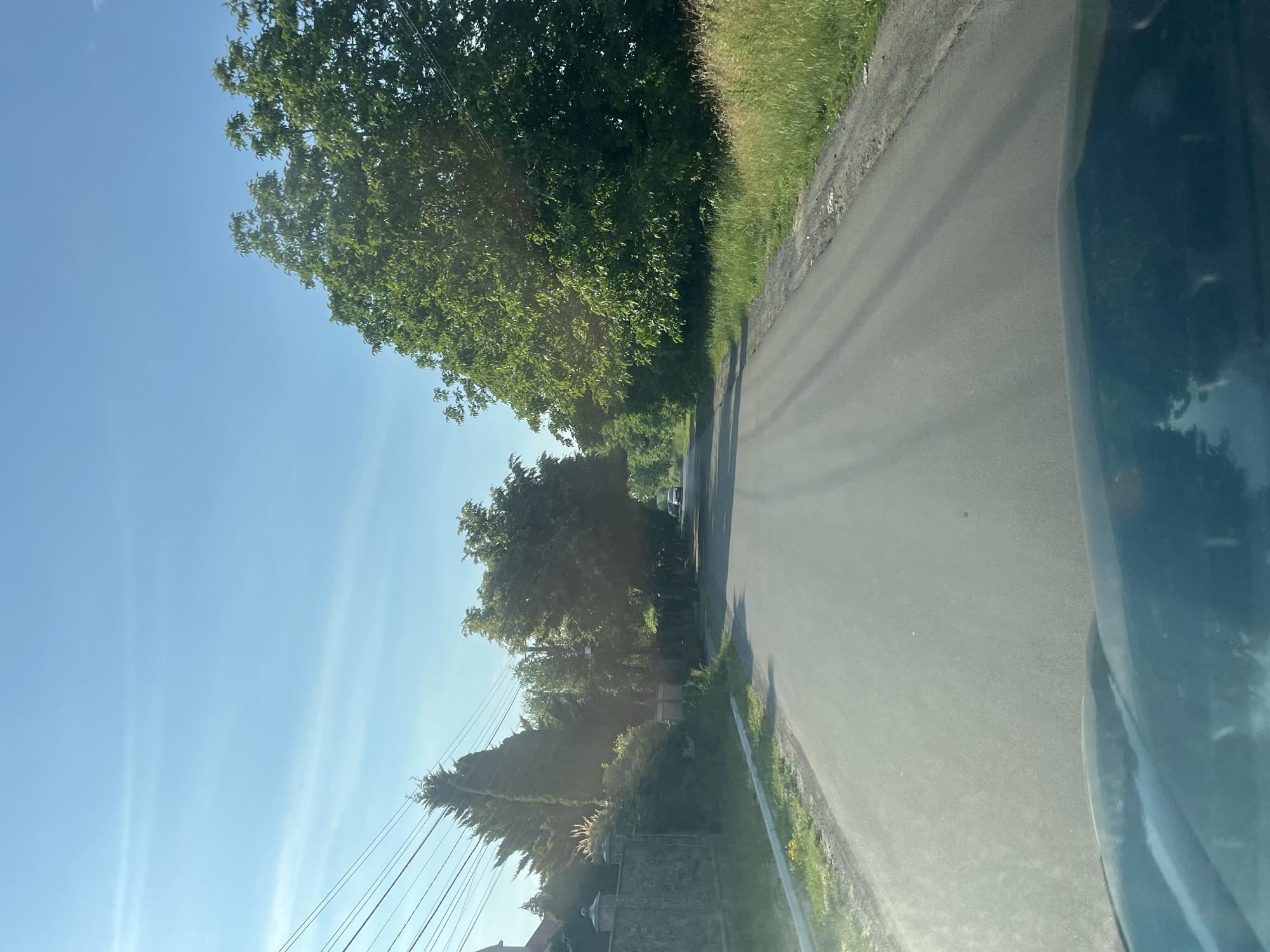 The image is a forward-facing view from inside a vehicle on a paved road in the city of Storozhnytsia, Ukraine. The road is lined with trees on both sides, with a stone wall and fence visible on the left. The sky is clear and blue with a few wispy clouds. Sunlight casts shadows from the trees onto the road. A white car is visible in the distance on the road. The foreground shows the dashboard of the vehicle. The environment appears to be a rural or suburban area.