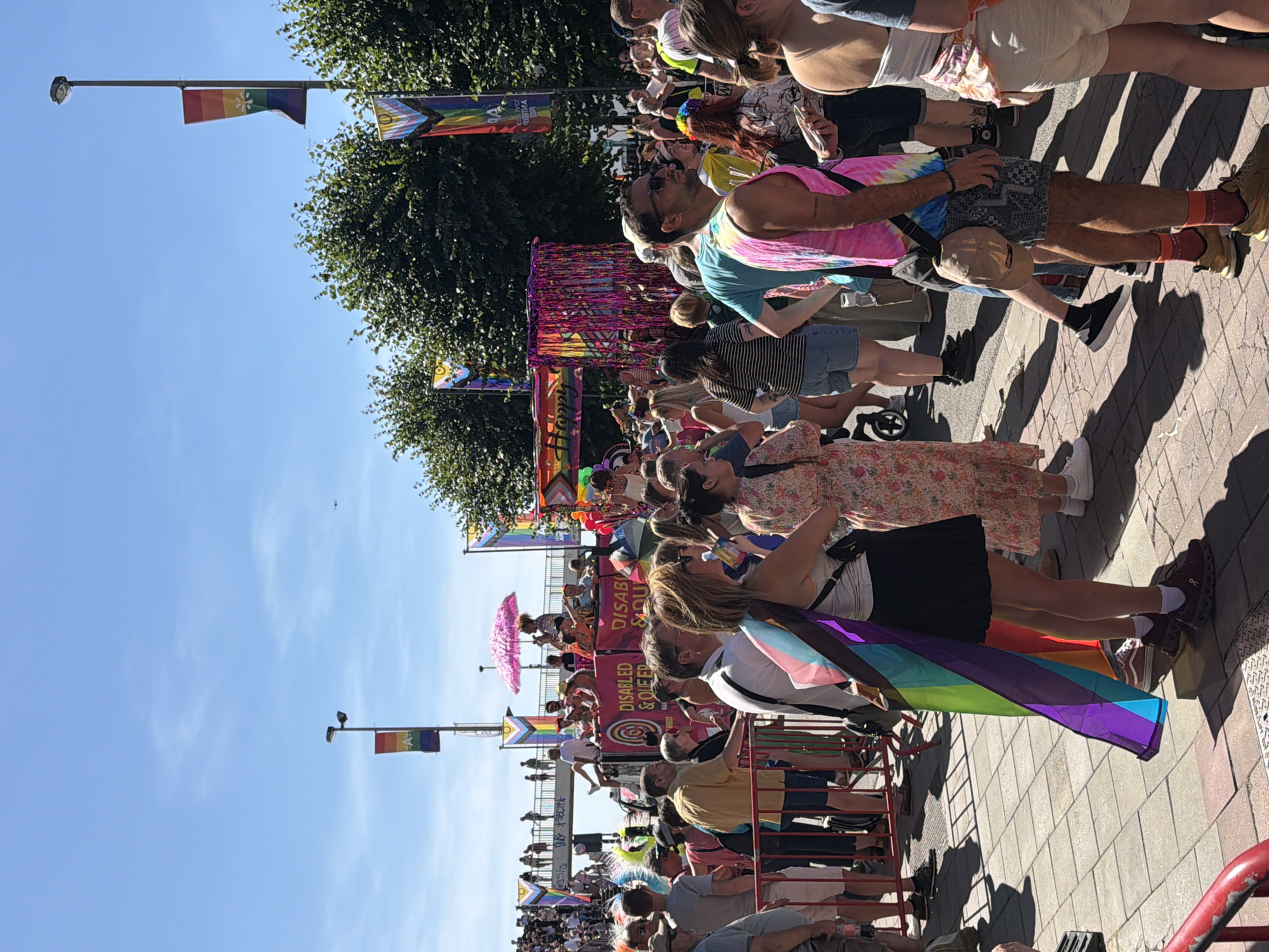 This image captures a vibrant street scene, likely part of a Pride event, set on a sunny day. The crowd is dense, with individuals of diverse ages and ethnicities participating. Many people are dressed in colorful attire, and some are holding or draped with rainbow flags, symbols commonly associated with LGBTQ+ pride.
In the background, a float or truck decorated with bright pink fringe and a sign is visible, suggesting a parade or procession. Above the crowd, a bridge with people lining its railings can be seen, offering a higher vantage point. Several lampposts are adorned with rainbow-themed banners. The environment appears to be an urban setting, with paving stones underfoot and trees lining the background. The presence of a "Disabled & Queer" sign on the float indicates an inclusive celebration.
While the specific location within Antwerp, Belgium is not explicitly stated in the image itself, the visual elements are consistent with a public gathering or festival that might take place in a city square or along a main street. The overall atmosphere is one of festivity and community engagement.