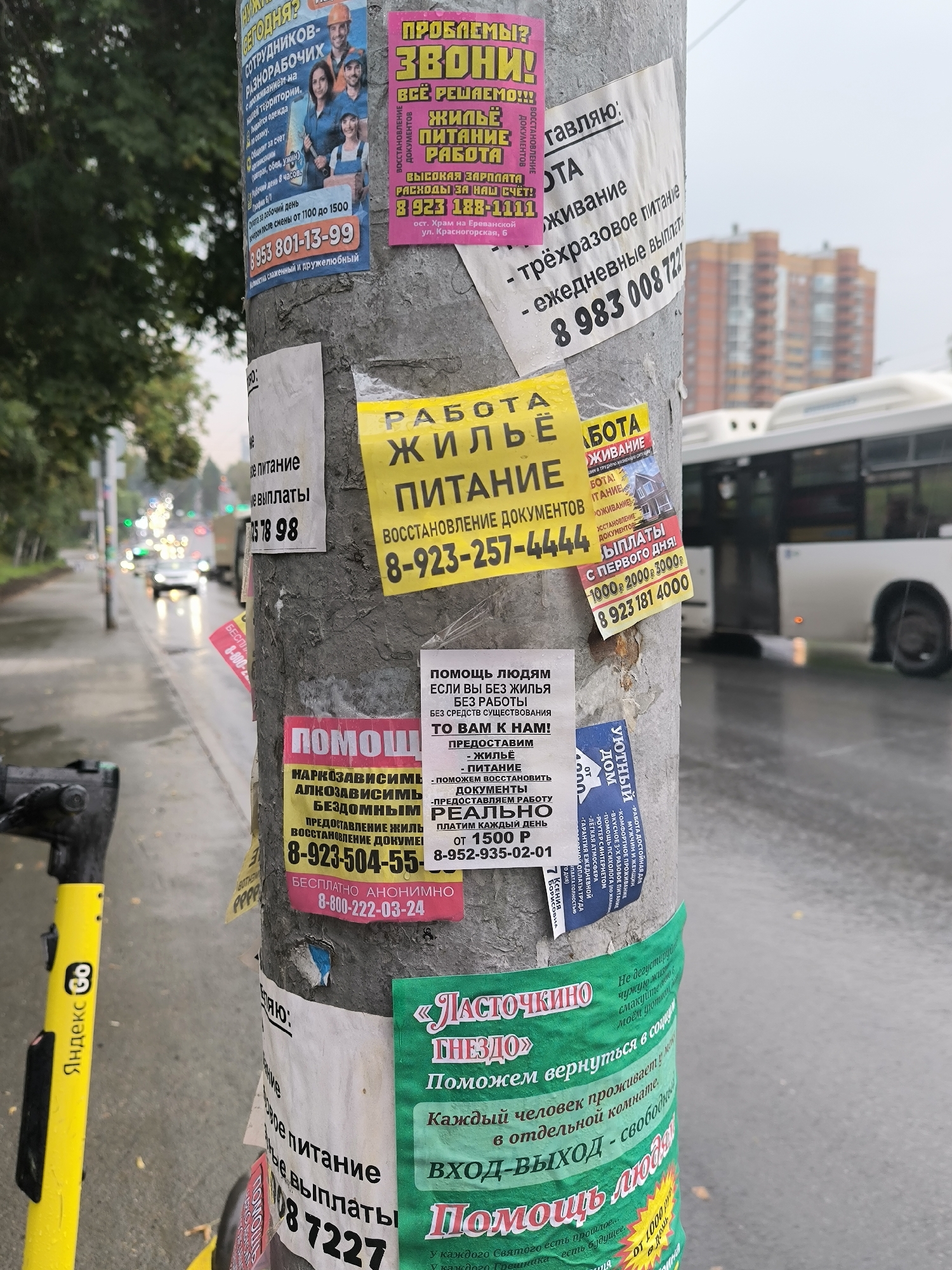 The image depicts a concrete utility pole on a street in Novosibirsk, Russia, covered in various advertisements. The pole is positioned on a sidewalk adjacent to a wet asphalt road with a slight incline. In the background, a bus is driving away from the viewer, and a multi-story residential building can be seen further down the street. Trees with green foliage line the left side of the road. The advertisements on the pole include flyers for employment, housing, and assistance services. One flyer, in yellow, advertises "Job and Nutrition" with a phone number. Another, in pink, is for "Help" and lists services for drug and alcohol addiction and homelessness, with contact information. A bright yellow electric scooter with the "Yandex" logo is visible on the left side of the image, partially obscuring the utility pole. The overall atmosphere suggests an urban environment, likely on a cloudy or rainy day, given the wet road surface.