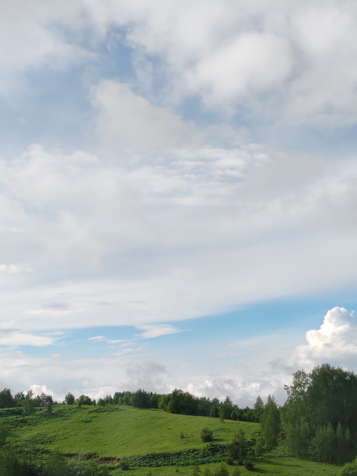 The image captures a landscape in the city of Чухлэм, Russia. In the foreground, a vibrant green hillside dominates the view, dotted with trees. The background is filled with a cloudy sky, with patches of blue visible.
