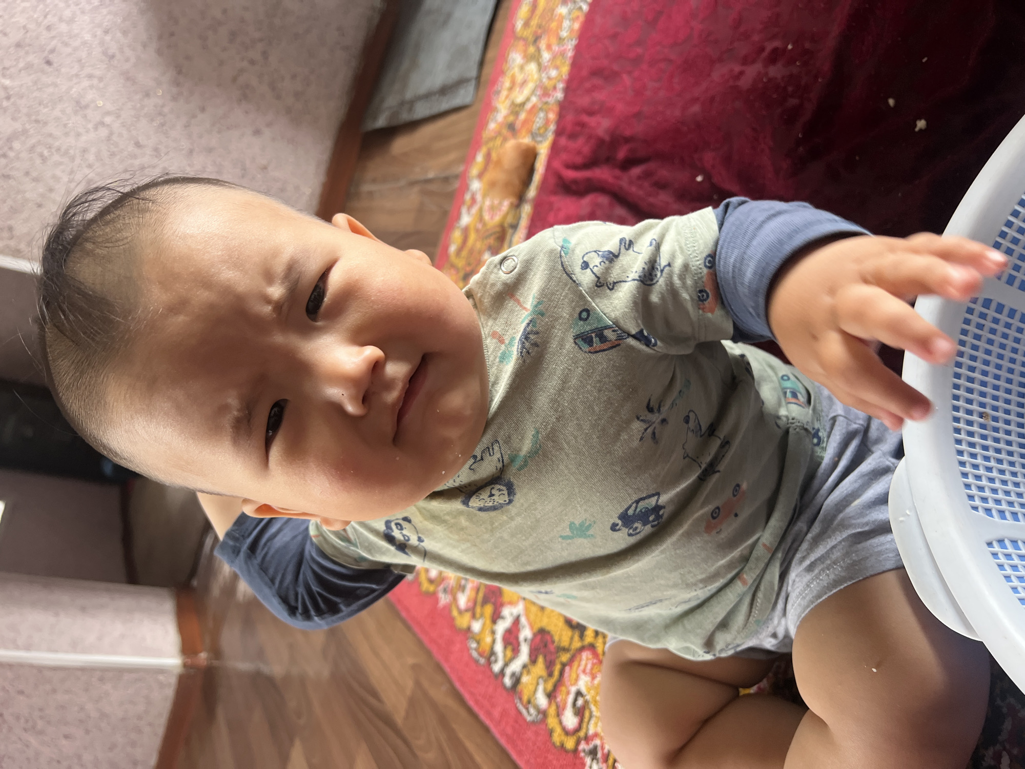 A young child, possibly a toddler, is sitting on a red rug with an oriental pattern. The child is wearing a light green t-shirt with a pattern of animals and a blue long-sleeved shirt underneath. The child has dark hair and a concerned expression. A white plastic basket is partially visible in the foreground. The background shows a wooden floor and a wall with a pink patterned wallpaper. The lighting suggests an indoor setting, possibly in a residential area of Kara-Dıykan, Kyrgyzstan.