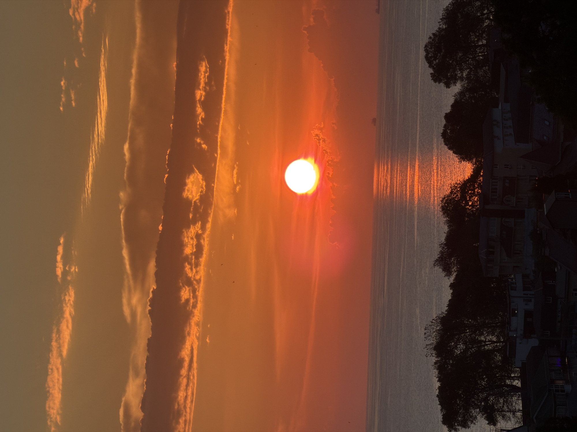 A photograph captures a sunset over a body of water, likely a sea or large lake. The sun, a bright white disc, is positioned in the upper center of the frame, casting a vibrant orange and red glow across the sky and reflecting on the water's surface in a shimmering path. Wispy clouds, illuminated by the setting sun, streak across the sky, tinged with orange and yellow.
Below the water, a silhouetted treeline is visible, with the dark shapes of evergreen trees obscuring the view of buildings nestled behind them. These buildings appear to be low-rise structures, with some showing rooftops and architectural details in shadow. The overall impression is one of a coastal town or settlement at dusk. There are no visible people or animals in the image. The environment is serene, with the focus on the natural beauty of the sunset and its effect on the landscape.