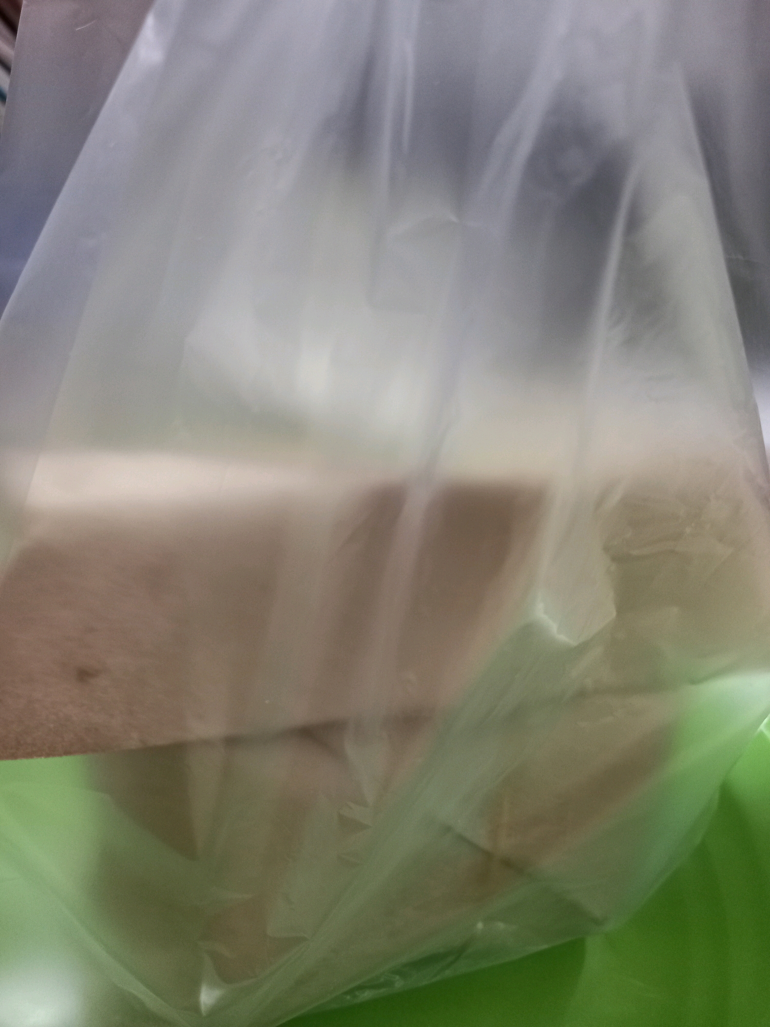 The image shows a close-up view of what appears to be food items inside a transparent plastic bag. The bag is semi-translucent, obscuring the exact details of the contents, but rectangular shapes, possibly loaves of bread or packaged food, are visible. A bright green surface is visible at the bottom of the frame, suggesting the bag is resting on something of that color. The lighting is diffused, creating soft shadows and highlights on the plastic. There is no discernible urban environment or specific location identifiable within the image.