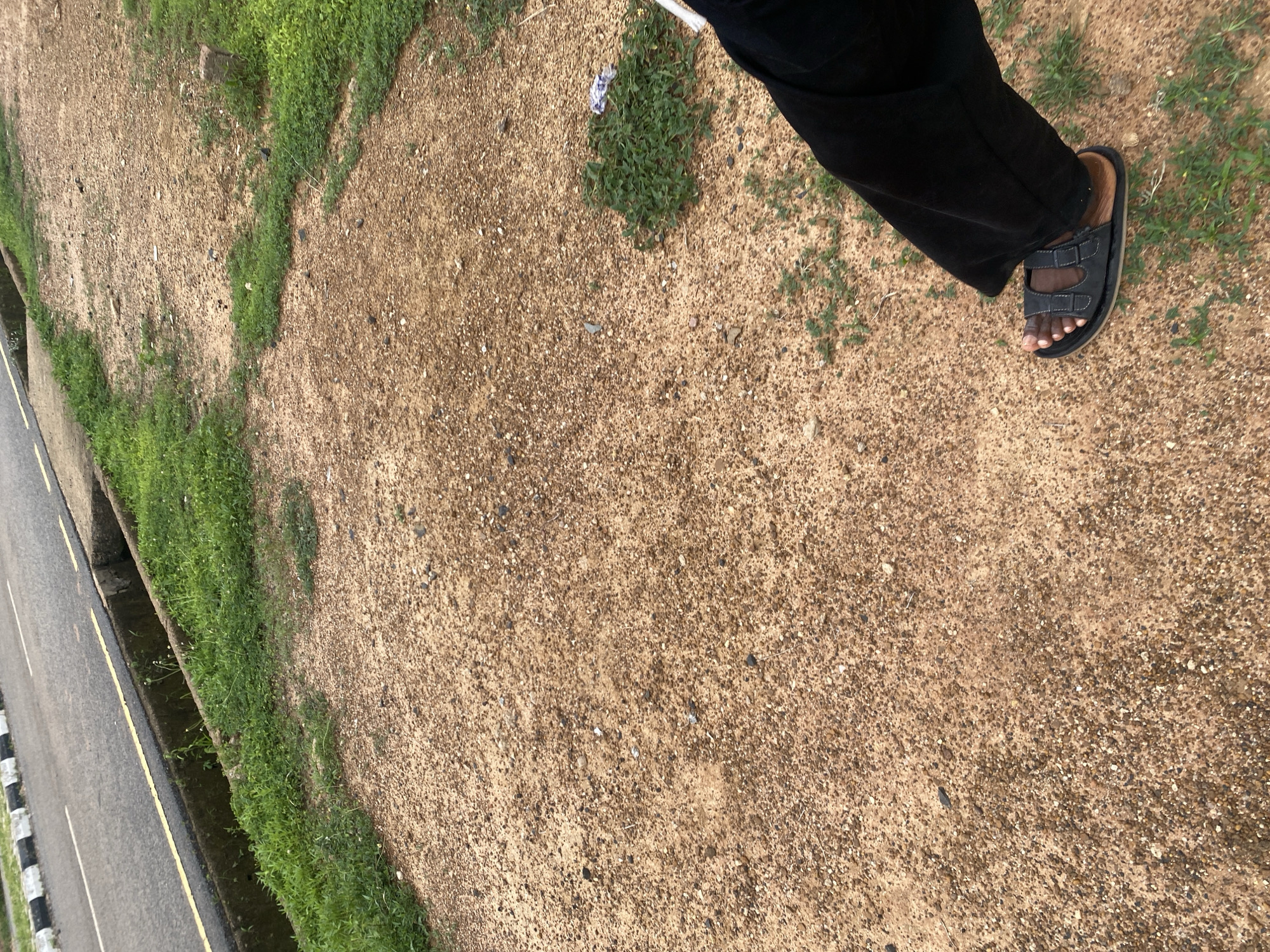 The image captures a close-up, slightly tilted view of a person's lower legs and feet, wearing black pants and black sandals. The setting appears to be outdoors, with a dirt and gravel ground in the foreground, interspersed with patches of green grass. To the left of the dirt area, a paved road with yellow and white markings is visible, bordered by a drainage channel filled with vegetation.
The lighting suggests it is daytime, possibly late afternoon given the angle of the light and the shadows cast. The weather appears to be clear. The scene evokes a casual, everyday moment, with no specific event or strong emotions conveyed. The location context is Nigeria, and the specific details of the road and vegetation hint at an urban or semi-urban environment. There is no visible text in the image.