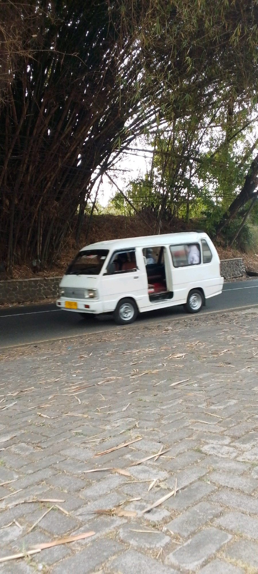 A white minivan is driving on a paved road. The minivan has its passenger-side door open. The road is lined with cobblestones and dry bamboo stalks are visible on the left side of the image, arching over the road. The scene appears to be in a rural or semi-rural area. The overall atmosphere suggests a sunny day.