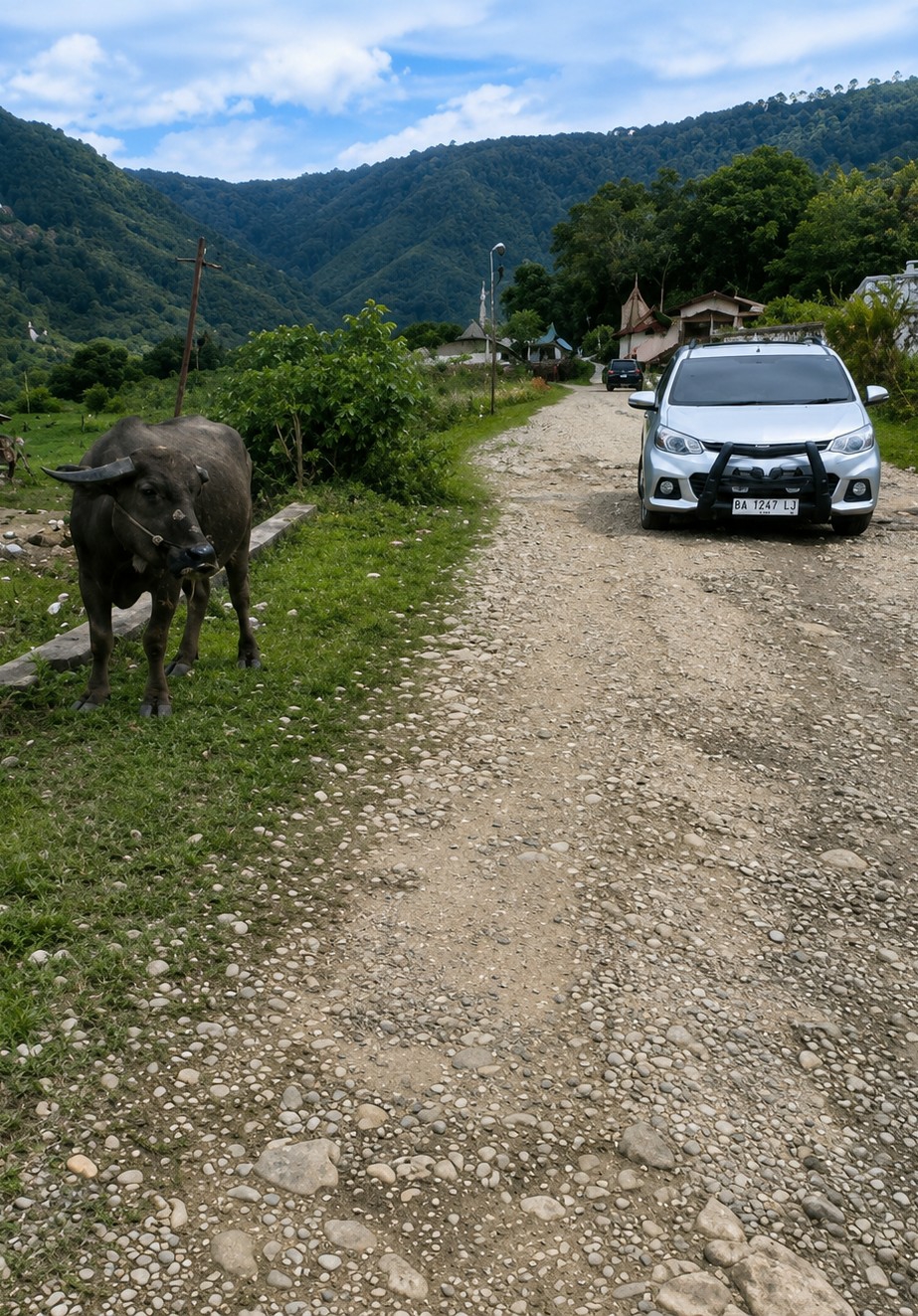 A dark-colored water buffalo stands on a grassy verge beside a rough, gravelly road that curves away into the distance. The buffalo is facing left and appears to be tethered, with a rope around its muzzle. In the background, a silver SUV is parked on the road, facing away from the viewer. Further down the road, a darker vehicle is also visible. The surrounding environment is mountainous, with lush green trees covering the slopes. A few small buildings are scattered in the middle ground. The sky is blue with scattered white clouds. The scene appears to be a rural or semi-rural area in Sosor Dolok, Indonesia.