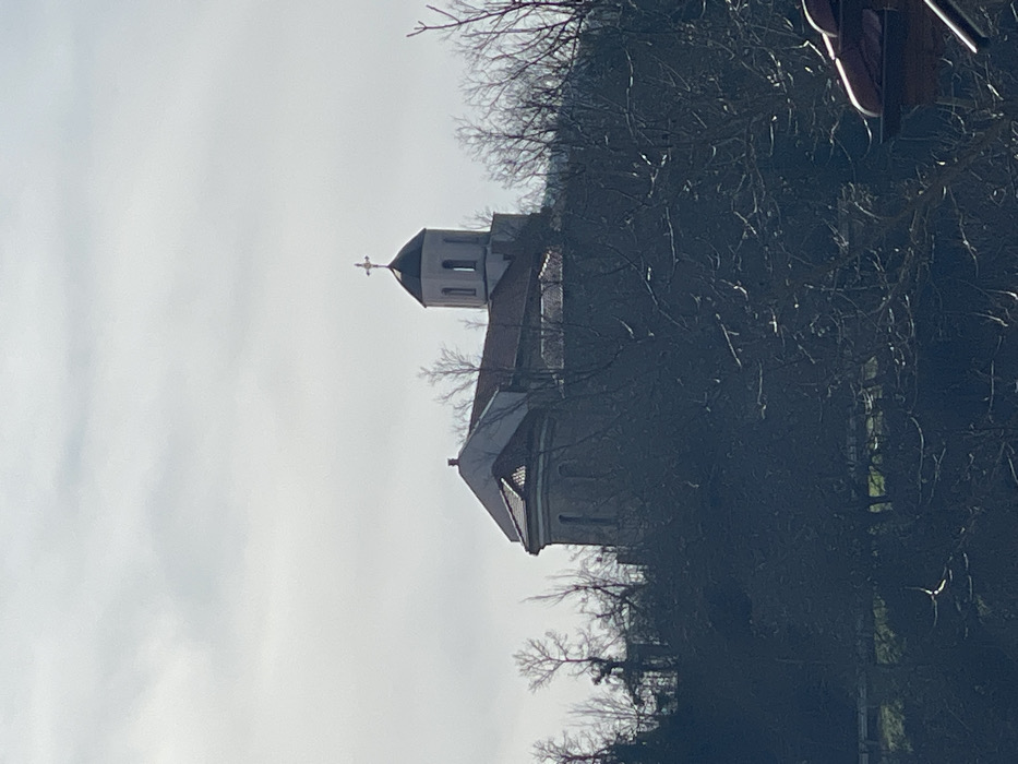 An elevated, light-colored building, identified as a church or monastery, stands on a hill in the city of Cherni Vrah, Bulgaria, under an overcast sky. The structure features a main body with a reddish-brown tiled roof and a prominent, light-colored bell tower topped with a dark, conical dome and a white Orthodox cross. The bell tower contains multiple narrow, arched openings. The left side of the building includes a rounded section also covered with a tiled roof. Numerous bare deciduous trees, with dark branches, partially obscure the lower and mid-sections of the building and dominate the foreground. A strip of green foliage is visible beneath the trees in the midground. A dark, tiled roof is partially visible in the bottom right corner of the foreground. No individuals or specific actions are discernible.