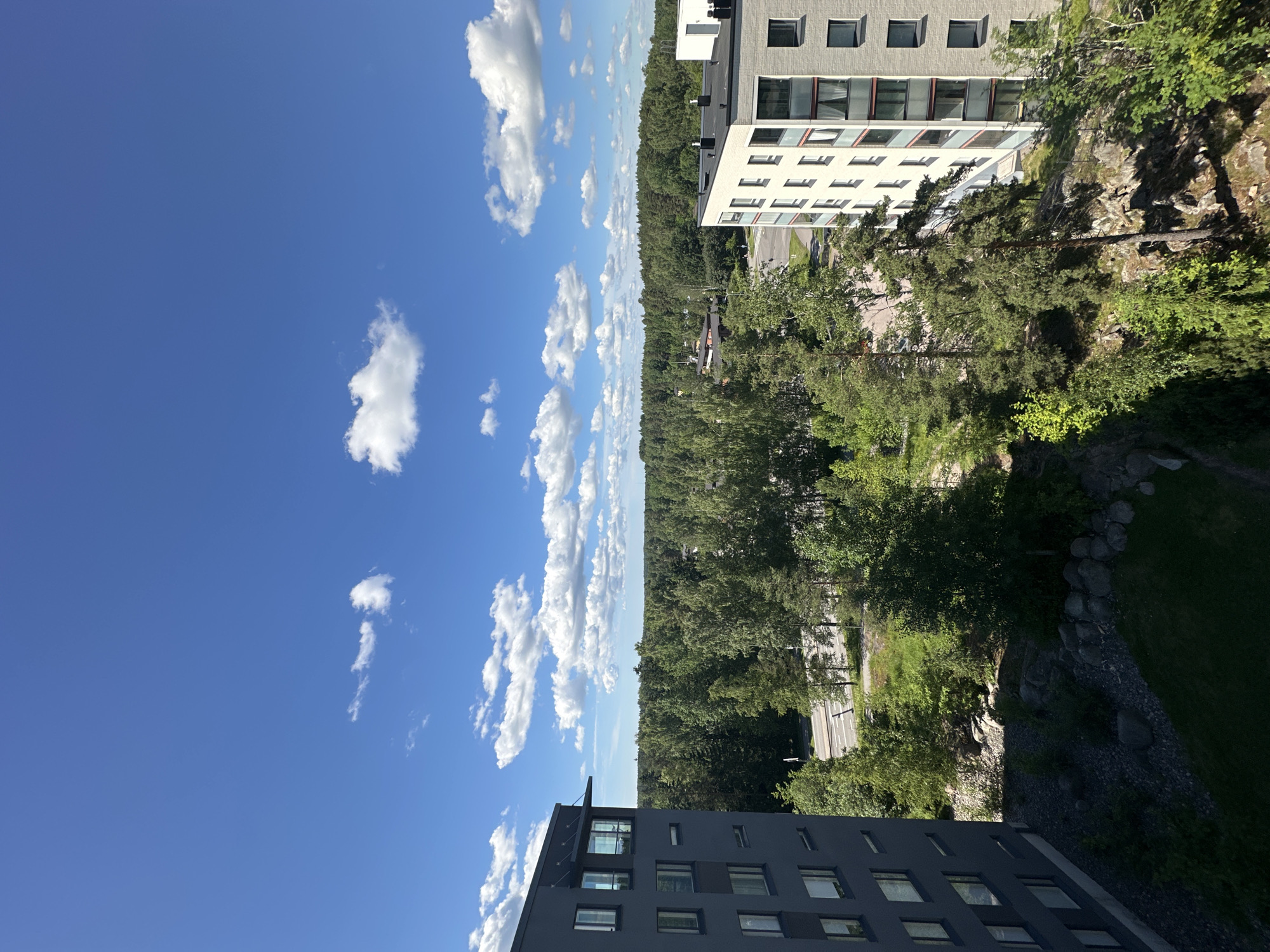 A high-angle, eye-level, wide shot captures an urban landscape with abundant trees and buildings under a bright blue sky dotted with scattered white clouds. In the foreground, on the left, is a dark grey, modern apartment building with a textured facade and numerous windows. To the right, another apartment building, this one white with a patterned balcony section, stands prominently. The middle ground is dominated by a dense, green forest that stretches across the horizon, with a road visible weaving through it. Rocky terrain and lush vegetation are interspersed between the buildings and the forest. The scene is brightly lit, indicating daytime. There are no people or animals visible in the frame.