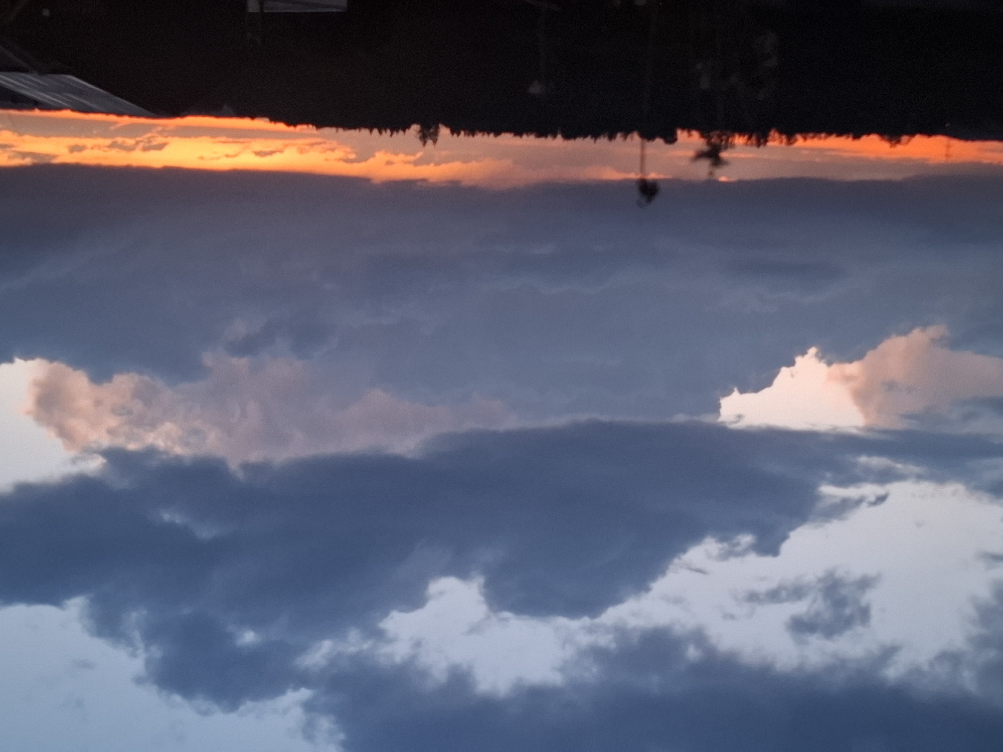 The image captures a sunset over Wangen im Allgäu, Germany. The sky is filled with dramatic clouds, ranging from dark grey to lighter shades tinged with pink and orange from the setting sun. A vibrant band of orange and yellow light stretches across the horizon, illuminating the underside of some clouds. Below the sky, a silhouetted treeline forms a dark, dense border across the landscape. In the foreground, the silhouettes of trees and some indistinct structures suggest a semi-rural or suburban environment. The overall impression is one of a beautiful, albeit moody, twilight scene.