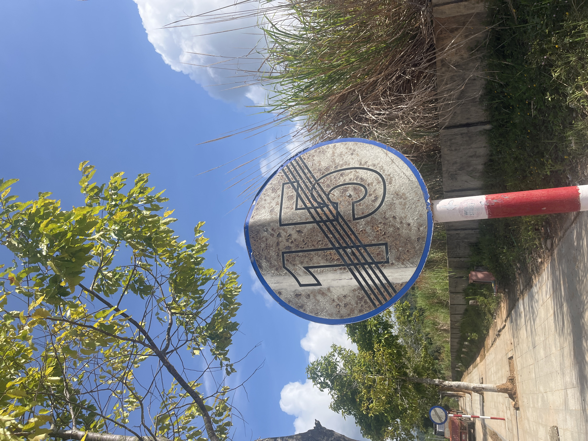 In Bo Y, Vietnam, a circular speed limit sign displaying "15" with diagonal lines through it is prominent, indicating a speed restriction. The sign is affixed to a red and white striped pole. The surrounding environment features a concrete sidewalk, a road with a red truck in the distance, young trees lining the path, and tall grass and a concrete wall in the background under a bright blue sky with scattered clouds.