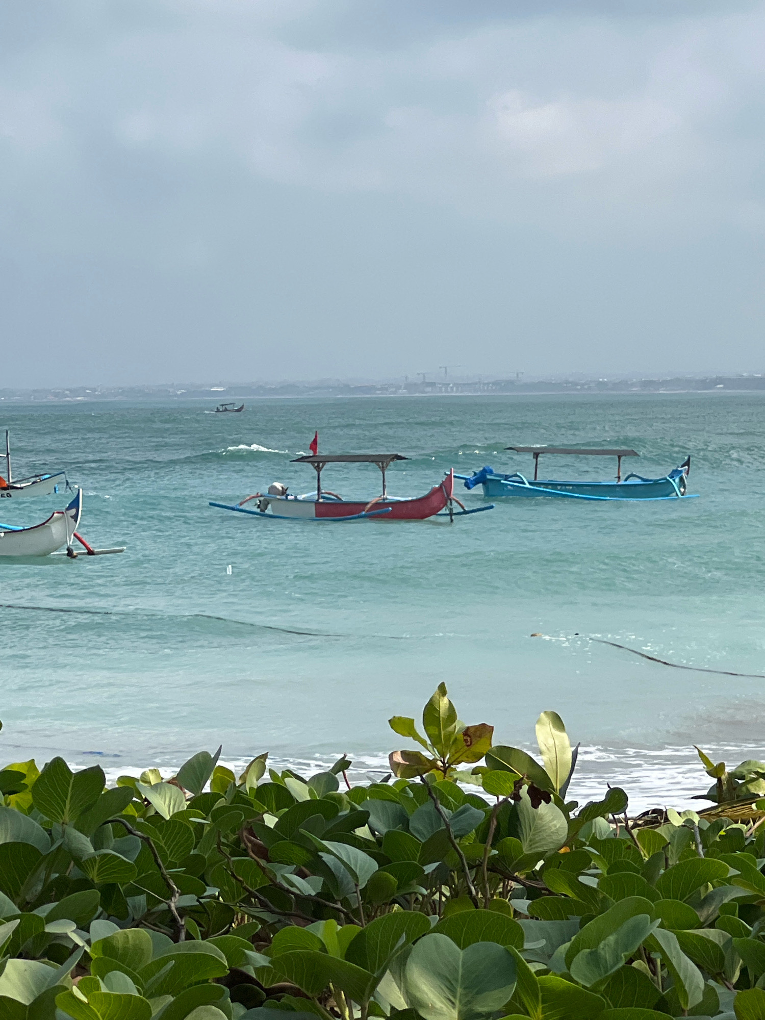 A serene view of the ocean off the coast of Kuta, Indonesia, is captured in this vertical, medium shot. The sea, rendered in shades of turquoise and deep blue, is choppy with gentle waves. Several traditional Indonesian outrigger boats, known as jukung, are present. Two jukung are prominently featured in the mid-ground: one is a vibrant blue, and the other a combination of red and white. A third jukung, predominantly white, is visible on the left side of the frame. In the distance, the hazy outline of the Kuta coastline is discernible, with hints of buildings and construction cranes suggesting urban development. The foreground is dominated by lush green vegetation, with large, waxy leaves framing the lower half of the image. The sky is overcast and a pale gray, contributing to a soft, diffused light. The scene is tranquil, suggesting a calm day at the beach.