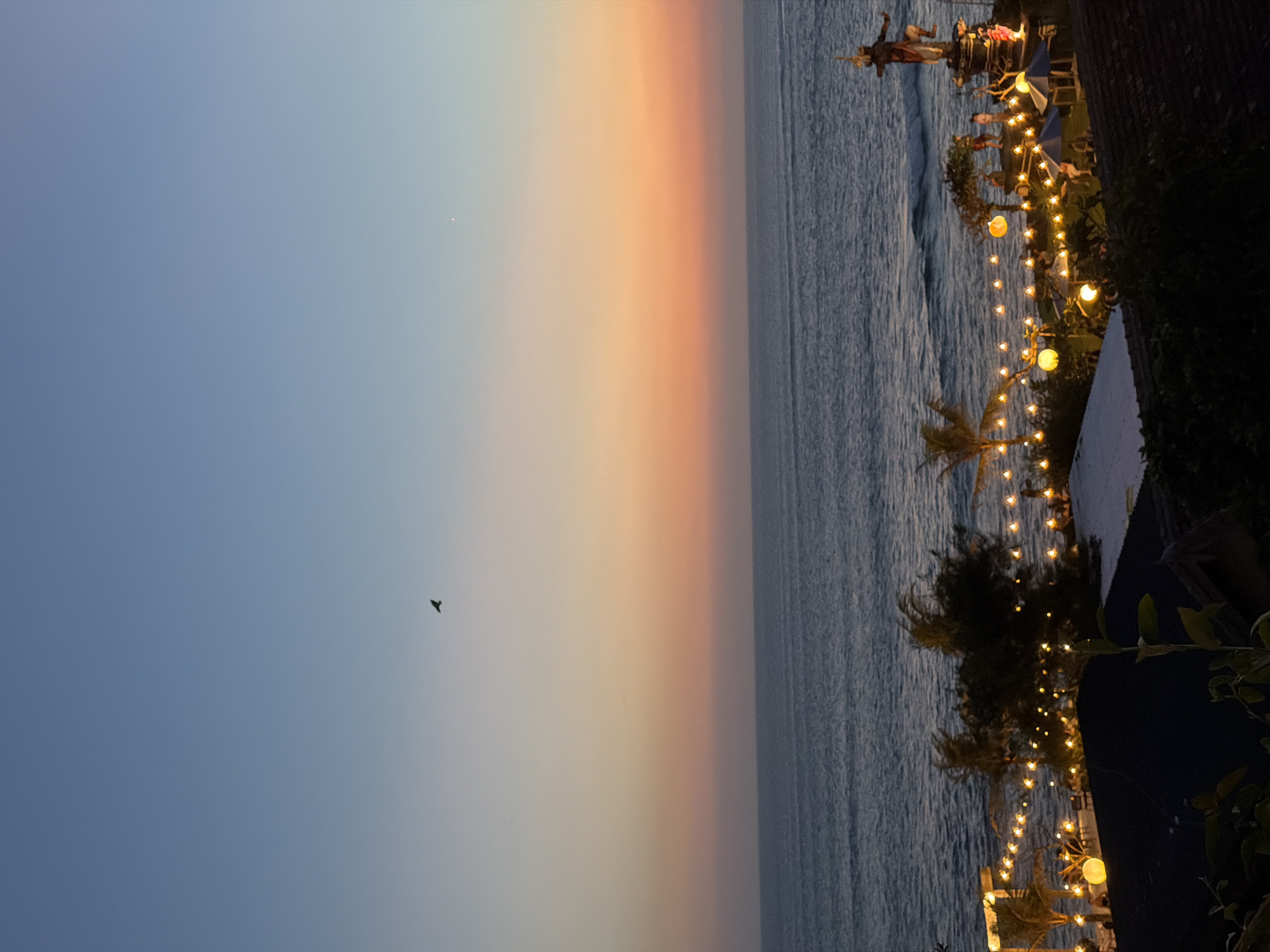 This media file captures a serene sunset scene at a beachside establishment in Mengwi, Indonesia. The photograph is oriented vertically, presenting a vast expanse of sky transitioning from a soft blue to a warm gradient of orange and peach as it meets the horizon. The ocean, a textured expanse of deep blue, stretches across the right side of the frame, reflecting the fading light.
Along the shore, an outdoor seating area is illuminated by a string of warm, golden lights, creating an inviting ambiance. Several people are visible in this area, some seated, suggesting a relaxed dining or social gathering. Palm trees and lush greenery punctuate the scene, adding to the tropical setting. A notable detail is a figure standing at the edge of a structure or platform near the ocean, possibly observing the sunset. The overall mood is peaceful and tranquil, enhanced by the gentle glow of the lights and the calming presence of the sea. The time of day is clearly dusk, with the last rays of sunlight painting the sky.