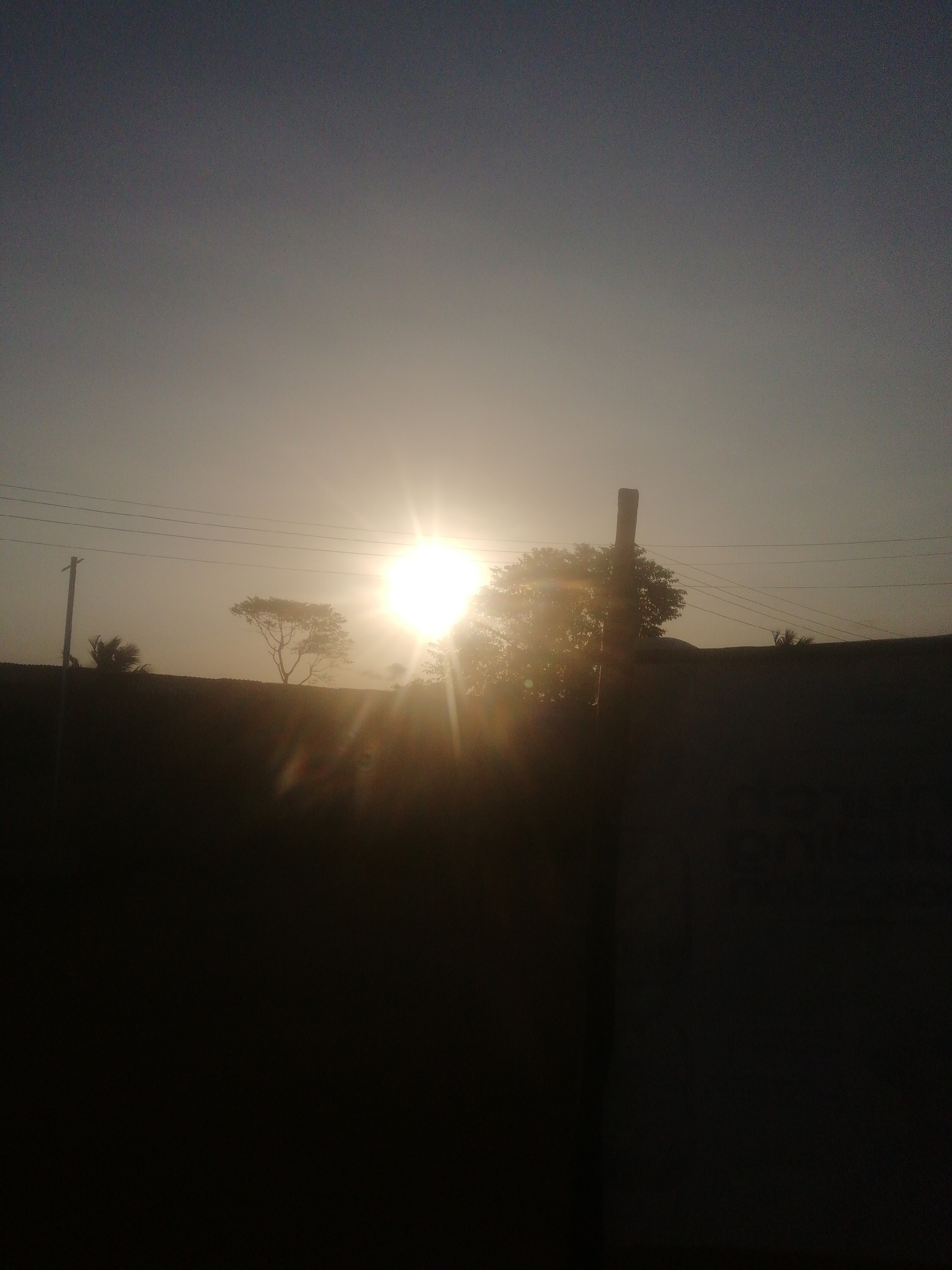 The image depicts a hazy or dusty twilight scene. The sun is the dominant feature, appearing as a bright, slightly blurry orb. Silhouetted objects are visible against the sky: at least two trees, utility poles, and power lines stretching across the sky. The foreground is dark and obscures detail, but appears to be the top of a wall. The location is unknown.