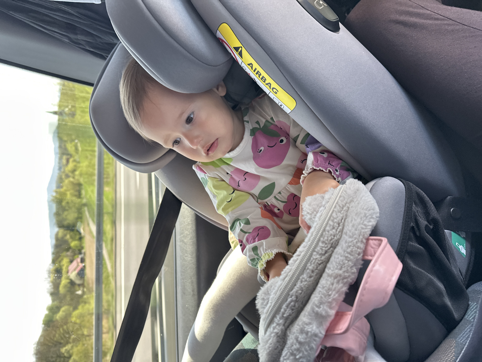 A baby is seated in a gray car seat in a vehicle. The child is wearing a long-sleeved shirt with fruit designs and light-colored leggings. A gray zippered blanket and a pink handbag are on the baby's lap. The car window shows a blurred landscape, including green trees and fields. The exact location is impossible to determine.