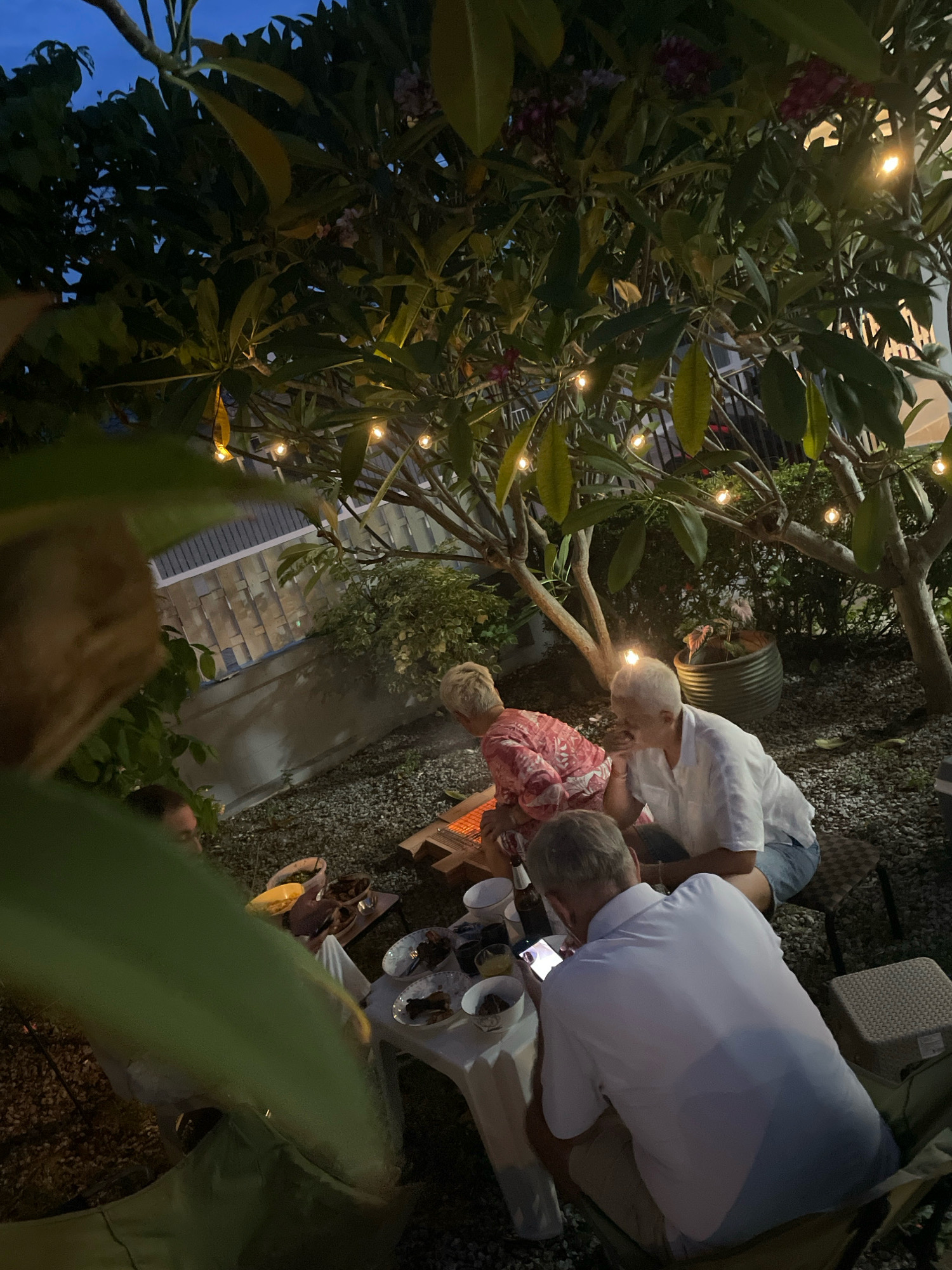 In Nong Prue, Thailand, at dusk, four individuals are gathered around a low table in a garden setting. Two women and two men are present, all appearing to be adults. The woman on the left is wearing a pink patterned shirt, and the woman on the right is wearing a white shirt and denim shorts. One man, in a white polo shirt, is looking at his phone, while the other man, partially obscured by foliage, is facing away from the camera. The table is laden with food and drinks, suggesting a shared meal or gathering. String lights are visible overhead, casting a warm glow on the scene. The ground is covered with gravel, and lush green foliage surrounds the area. In the background, a modern building with a patterned facade is visible, typical of residential architecture in the region.