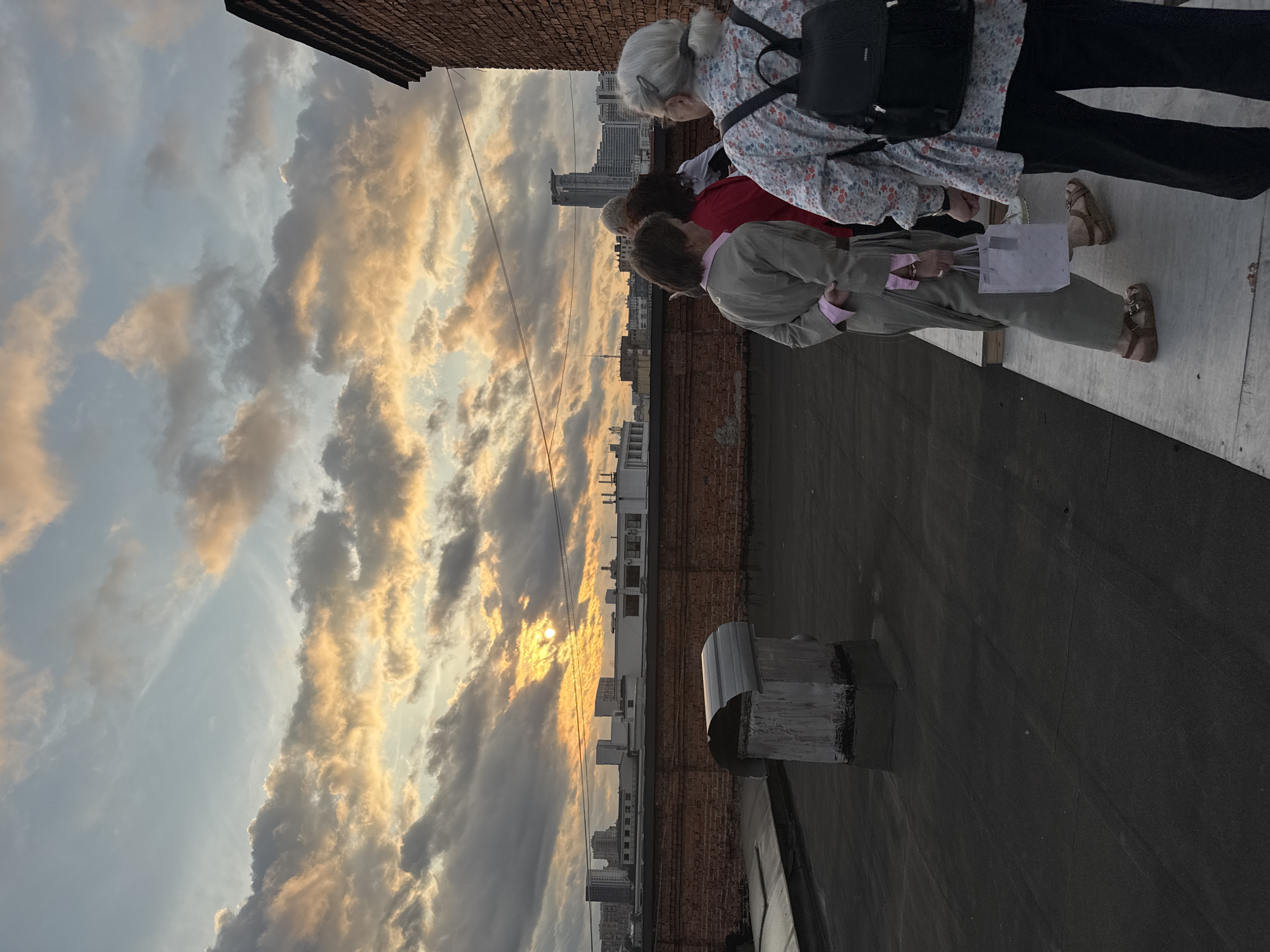 The image depicts a group of people on a rooftop in a city, likely Moscow, Russia, during sunset. The sky is filled with dramatic clouds illuminated by the setting sun, casting a warm glow. In the foreground, four individuals are visible from behind, walking away from the camera. The person on the far right wears a floral-patterned shirt and a black backpack. Next to them, to the left, is a person in dark pants and a light-colored floral shirt. Further left is an individual in a long, tan trench coat over a pink shirt, holding a white paper bag. The fourth person, partially visible, wears a red top.
The rooftop itself is covered in dark roofing material and features a brick wall on the right and a ventilation shaft or chimney in the mid-ground. Beyond the rooftop, a cityscape is visible, with various buildings and structures, including taller modern buildings in the distance. The overall scene suggests a group enjoying a view of the city at dusk.