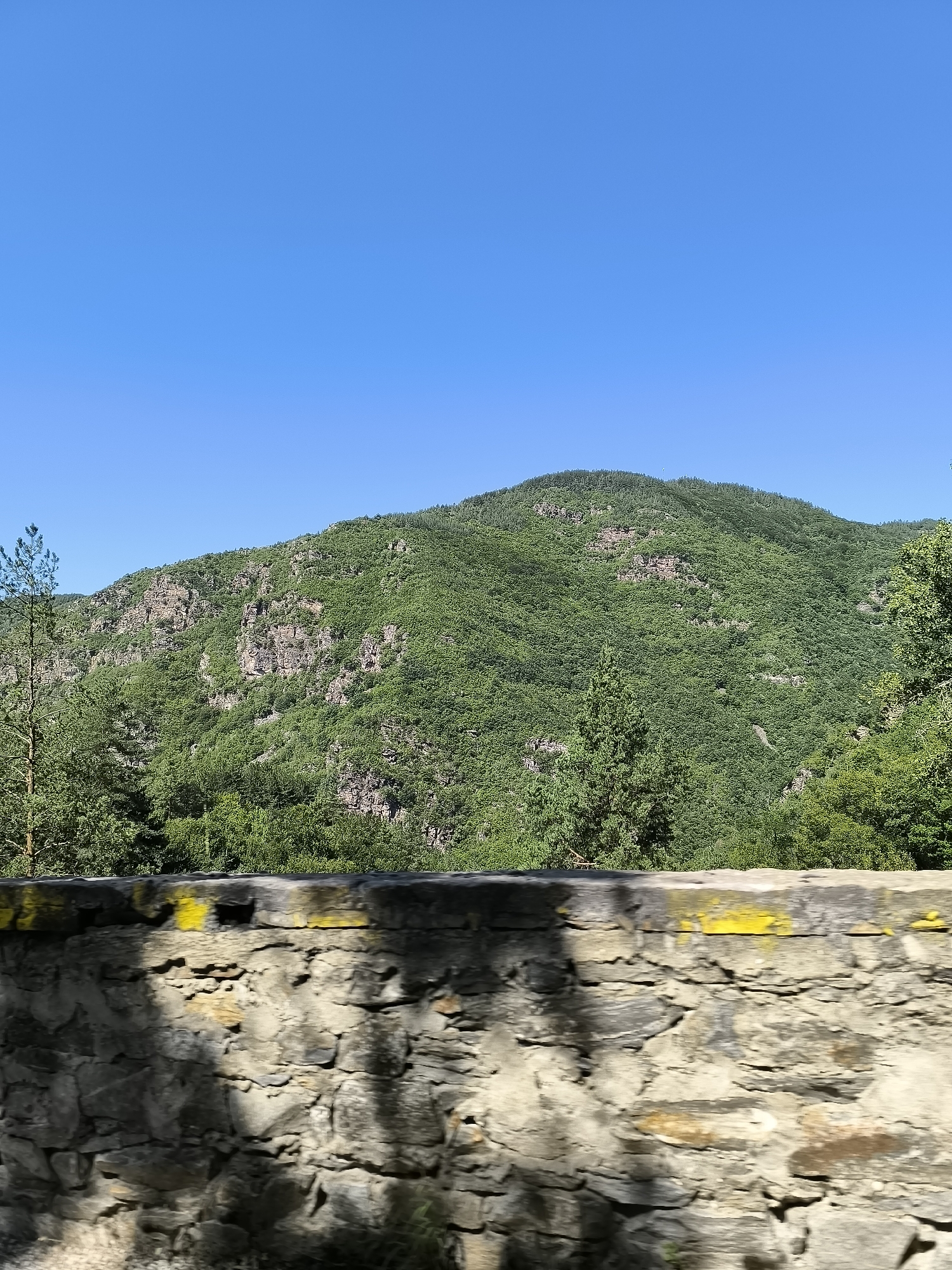 The image depicts a mountainous landscape covered in lush green vegetation under a clear blue sky. In the foreground, a weathered stone wall with patches of yellow paint runs horizontally across the frame, partially obscuring the view of the mountains. The wall appears to be constructed from irregular stones of various sizes and colors, with shadows cast upon its surface, suggesting sunlight filtering through foliage. Behind the wall, the dense green foliage of trees and shrubs covers the slopes of a large mountain. Rocky outcrops are visible amidst the greenery on the mountainside. The sky above is a uniform, cloudless blue, indicating a bright, sunny day. The scene is indicative of a natural, possibly rural or park-like setting. The specific location is not discernible from the visual information alone, but the query context suggests it might be in or around Kovachevitsa, Bulgaria.