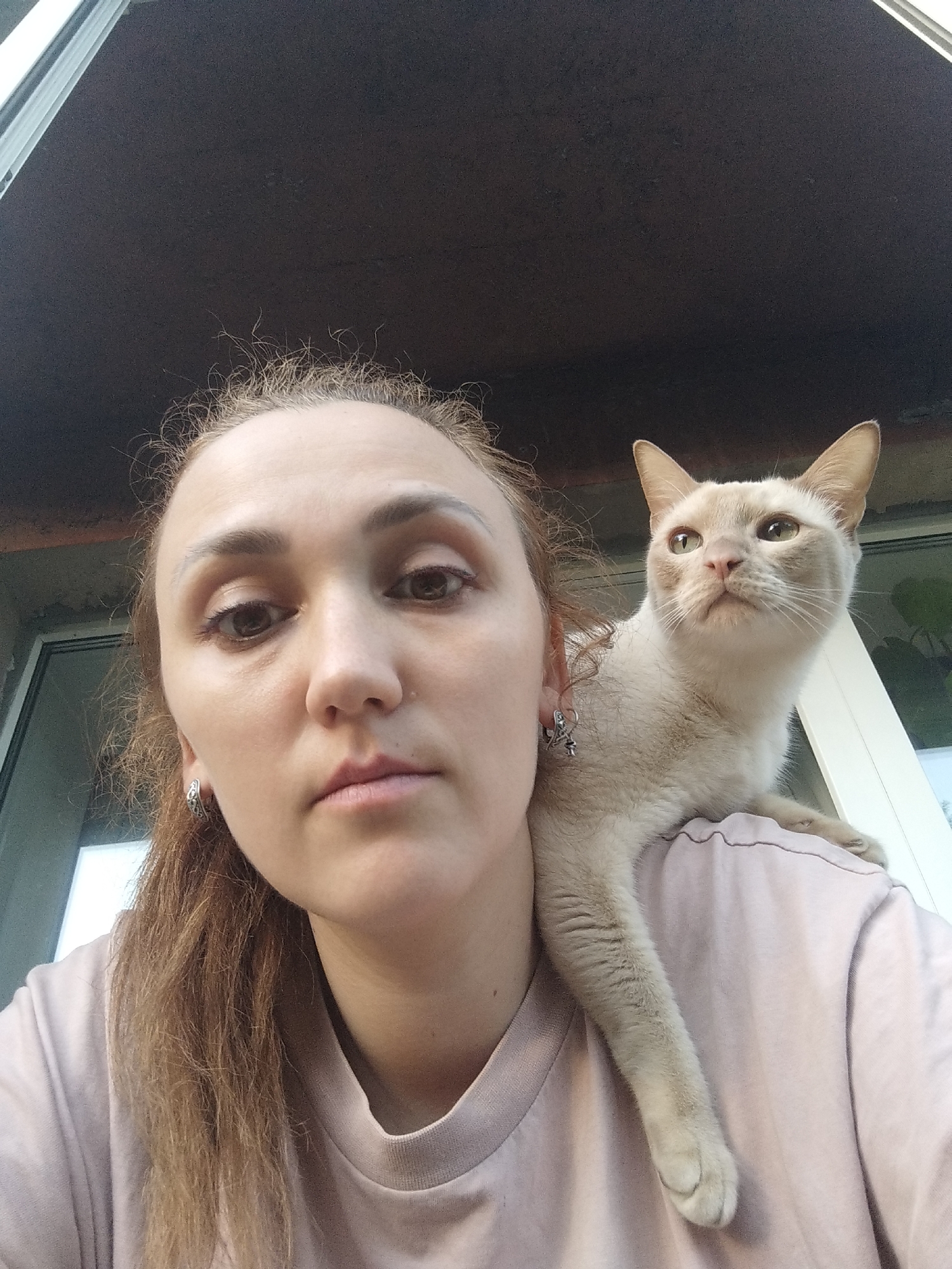 A woman and a light-colored cat are captured in a close-up, selfie-style portrait. The woman, facing the camera, has her hair pulled back, with loose strands framing her face. She is wearing a light pink t-shirt and a silver earring in her visible ear. Her expression is neutral. The cat is perched on her right shoulder, its body extending down her arm. It has light fur with darker points on its ears and face, and light green eyes. The cat is looking upwards and to the left, away from the camera. The background appears to be outdoors, with a dark ceiling or overhang above, and a window or glass door to the left. The setting does not provide specific indicators of a location within Saint Petersburg, Russia.