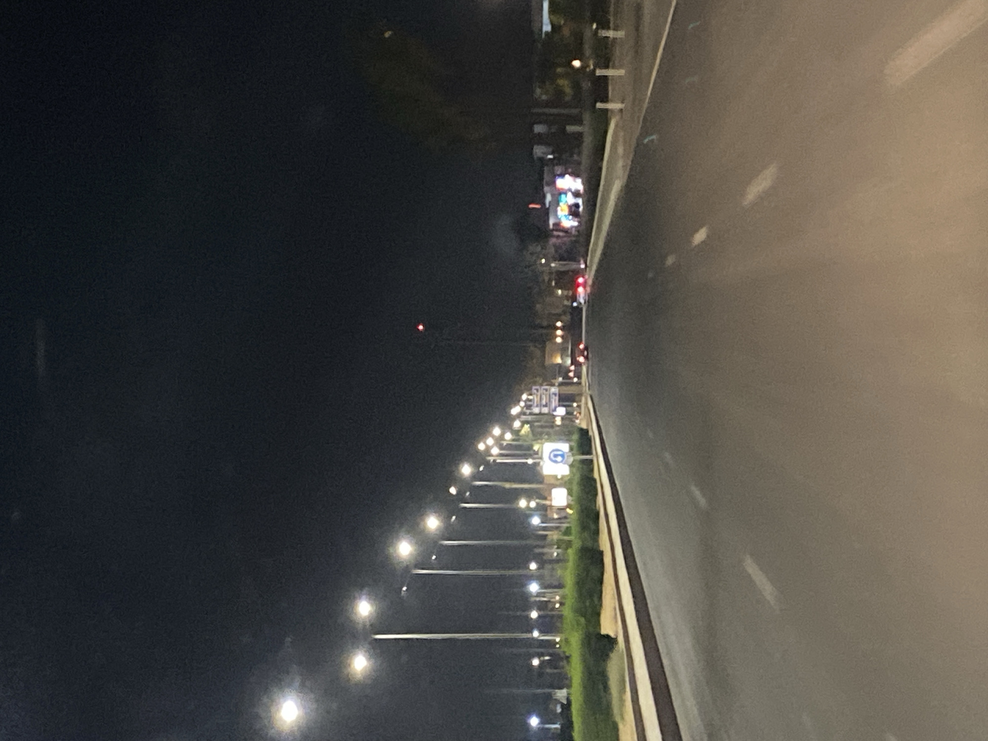 The image depicts a nighttime street scene in Sharm El Sheikh, Egypt. A paved road stretches into the distance, illuminated by numerous streetlights lining the left side of the road. Green bushes and a sidewalk are visible along the left edge. On the right side of the road, there are more streetlights and a few trees. Several vehicles are present, including cars with illuminated headlights and taillights, suggesting movement. In the background, buildings and structures are visible, some with illuminated signs or lights. The overall environment appears to be a well-lit urban or semi-urban area at night.