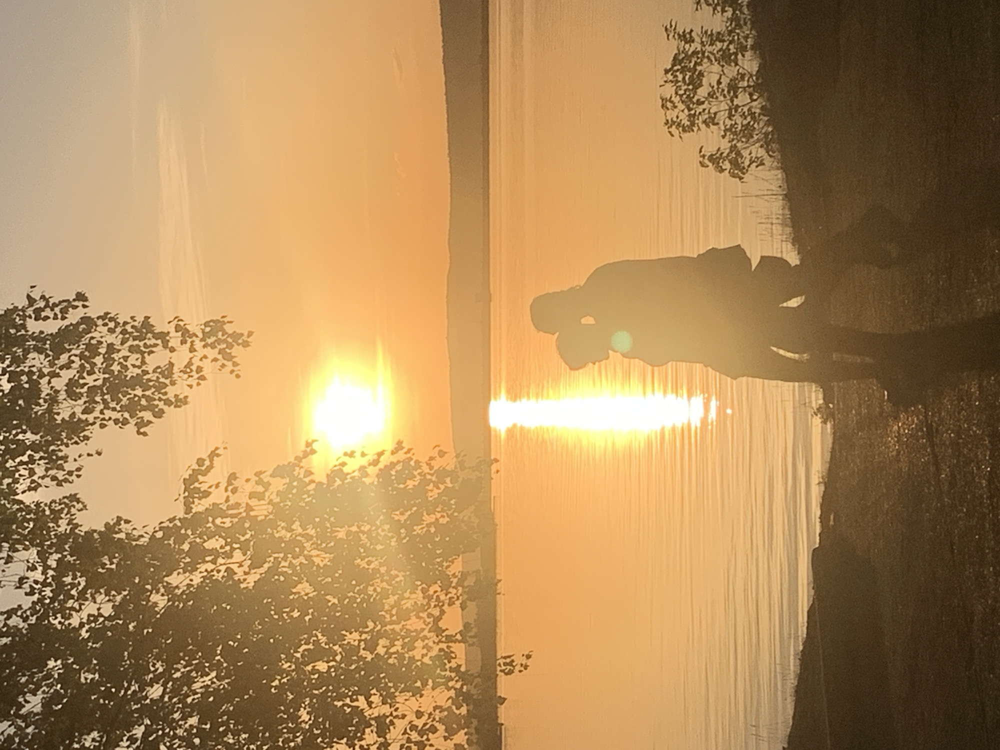 The image shows a sunset over water, possibly a lake or river, in what is reported to be Chaikovsky, Russia. The sun is low on the horizon, creating a bright glare and reflecting on the water's surface. Trees are silhouetted on either side of the water, with more distinct foliage on the left side. The sky and water are shades of orange and yellow due to the setting sun. A dark landmass is visible on the right. There's a possible object and figure silhouetted. The image is slightly rotated.