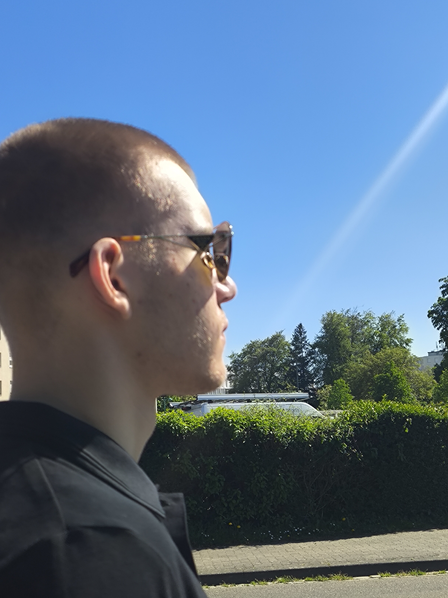 The image presents a profile view of a young person outdoors in Hoenheim, France, captured on a bright, sunny day. The subject, likely male, has closely cropped, buzz-cut hair and wears dark sunglasses with distinctive tortoiseshell-patterned arms. He is dressed in a dark collared shirt and looks towards the right of the frame.
The background features a clear, vivid blue sky, accentuated by a prominent diagonal sunbeam or lens flare in the upper right. Below the sky, a verdant landscape unfolds with a line of trees, including both coniferous and deciduous types. A well-maintained green hedge forms a significant visual barrier across the mid-ground, separating the foreground from a slightly obscured area behind it. Small white and yellow flowers are visible along the base of this hedge.
In the lower part of the frame, a grey-paved sidewalk with a textured block pattern is present, bordering a darker asphalt road or street. Partially hidden behind the hedge, a white van is discernible, featuring text that appears to partially read "algrie". Faint architectural outlines of buildings can be seen in the distant background on either side of the scene. The overall impression is a peaceful outdoor setting under clear, sunny weather conditions during the daytime.