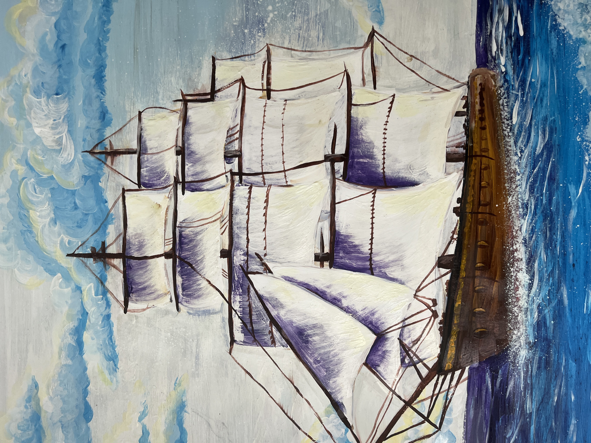 This is a painting of a sailing ship on a turbulent sea. The ship is a tall ship with multiple masts and sails. The sails are white with purple accents, and they are full of wind. The ship is brown and appears to be made of wood. The sea is a deep blue with whitecaps. The sky is cloudy and blue. The painting is done in an impressionistic style with visible brushstrokes.
There is no indication of this painting being located in the city of Сеніцкі сельскі Савет, Belarus, as this is a painting and not a photograph of a real-world location.
