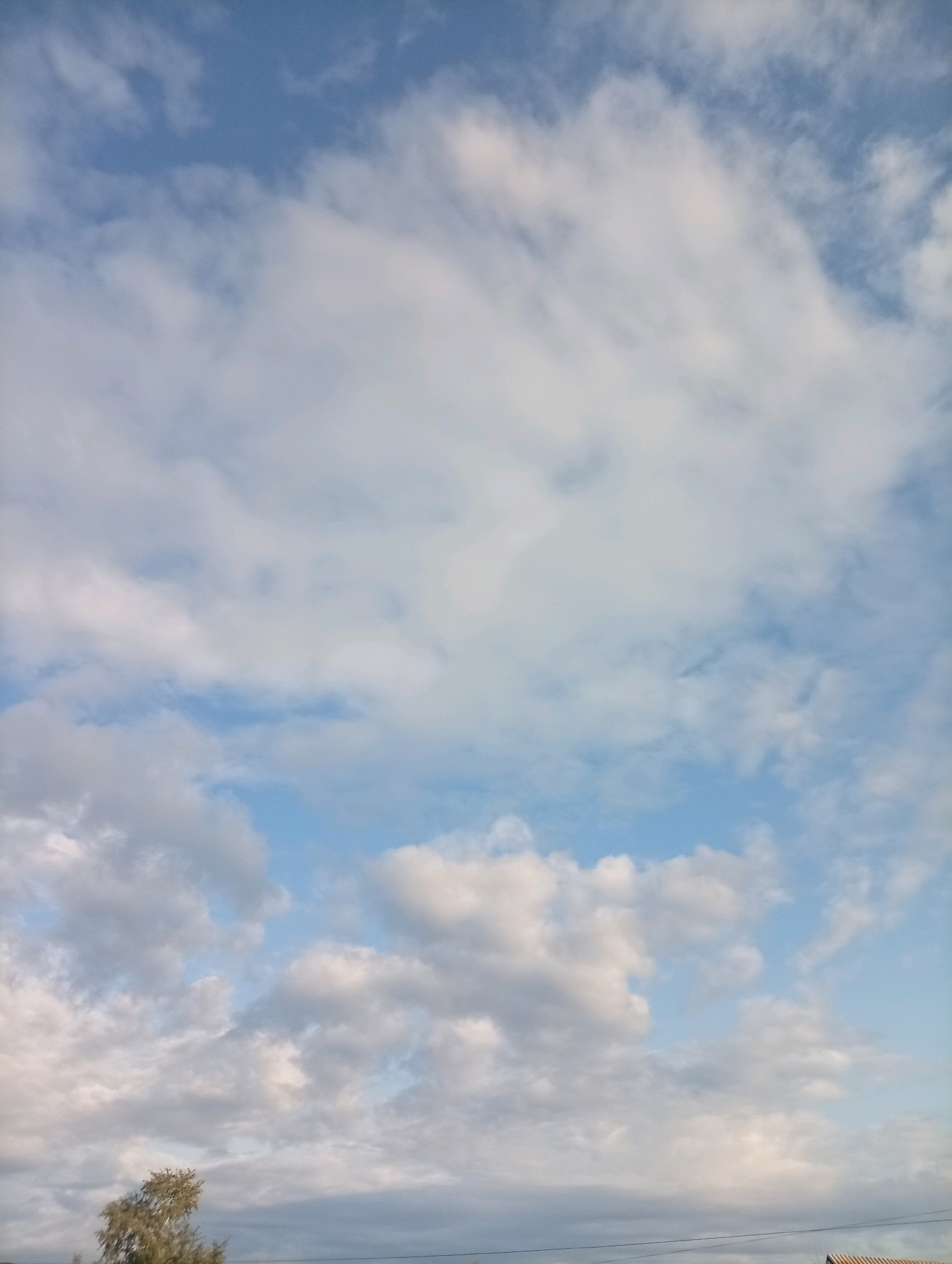 The image shows a sky filled with clouds of varying sizes and densities. The sky is a pale blue, with some areas appearing lighter due to the sunlight filtering through the clouds. The clouds themselves are predominantly white, with some showing hints of gray, suggesting they may be thicker in certain areas. At the bottom of the image, a small portion of a tree with green foliage is visible on the left side, suggesting it is daytime. A thin, dark line, possibly a power line or a distant horizon feature, runs horizontally across the bottom of the frame. The overall scene depicts a natural, outdoor environment.