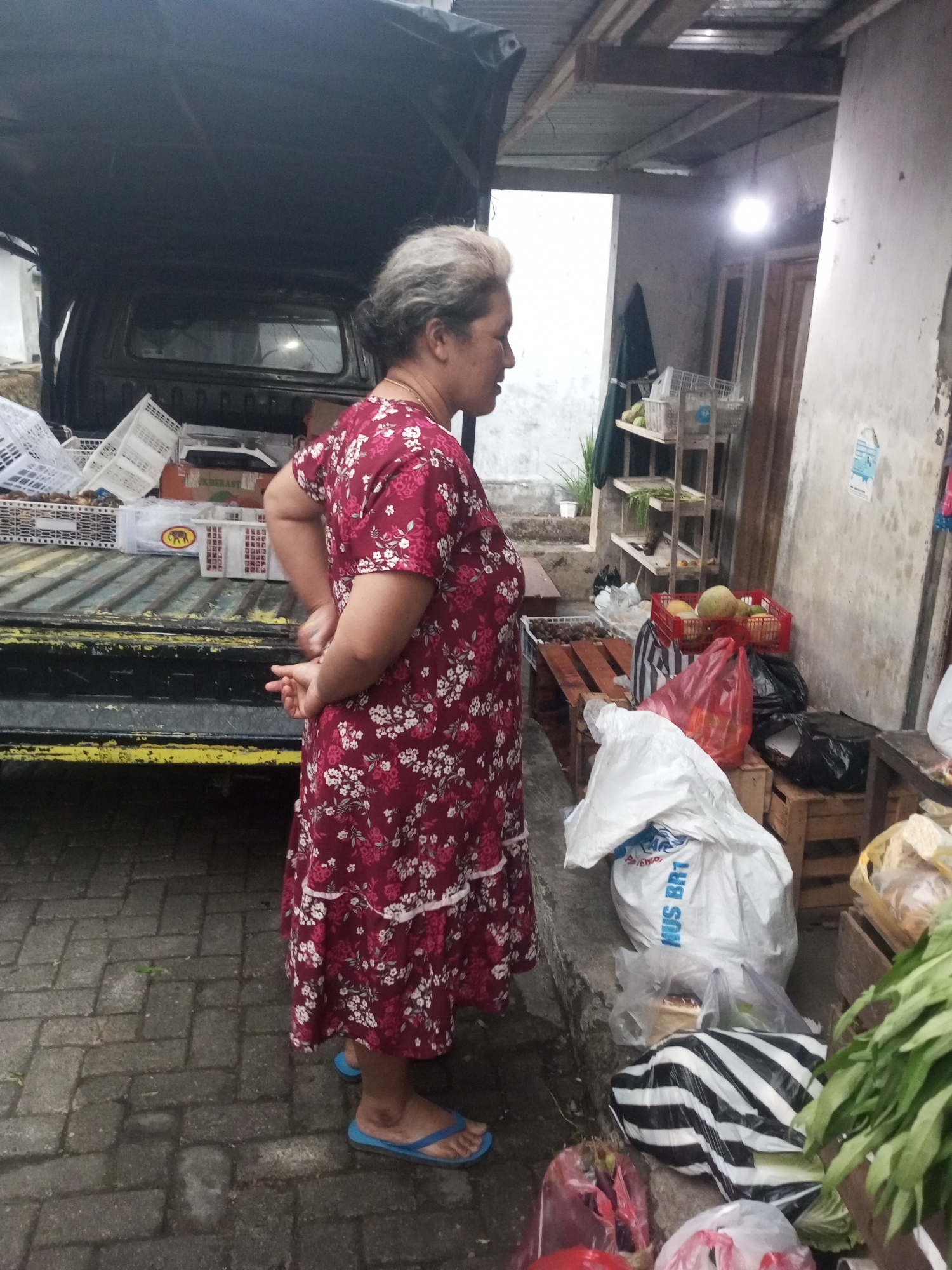 A middle-aged woman with graying hair, wearing a red floral dress and blue flip-flops, stands in front of a pickup truck. She is facing left, with her hands clasped behind her back. The truck is loaded with white plastic crates and some brown boxes. The scene appears to be outdoors, possibly a market or roadside stall, with a concrete or brick ground. In the background, there are shelves with various items, including baskets of fruit, and several plastic bags are piled on the ground. A light fixture is visible on the ceiling. The location is identified as Andongsili, Indonesia.