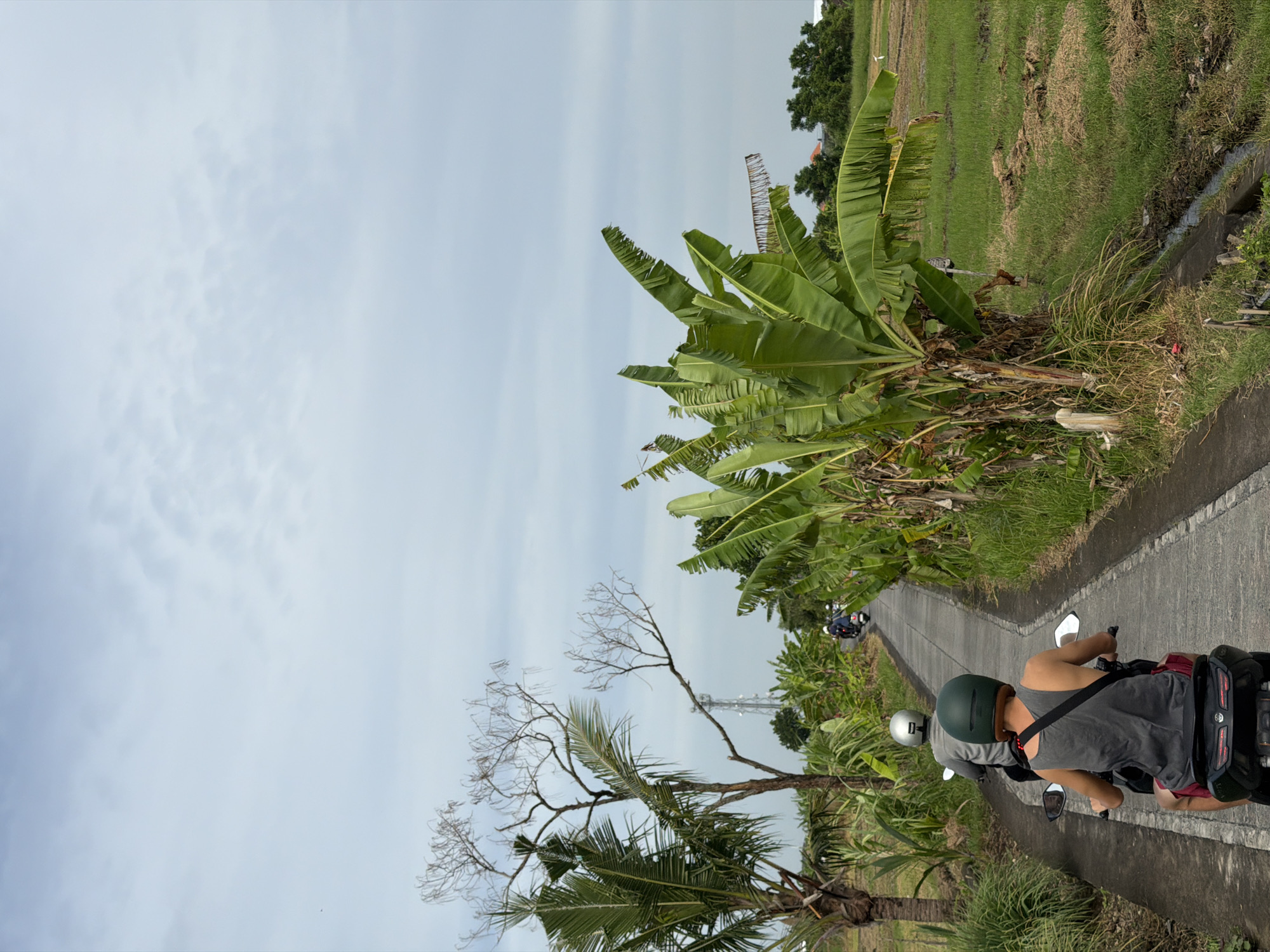 A vertical, outdoor shot shows two individuals on motorbikes driving along a concrete path, surrounded by lush vegetation. The sky is overcast.
The people are wearing helmets and casual clothing. They appear to be driving the motorbikes.
The vegetation includes banana trees and other tropical plants. A rice paddy is visible on the right.
The setting suggests a rural or semi-rural location. The location is North Kuta, Indonesia.