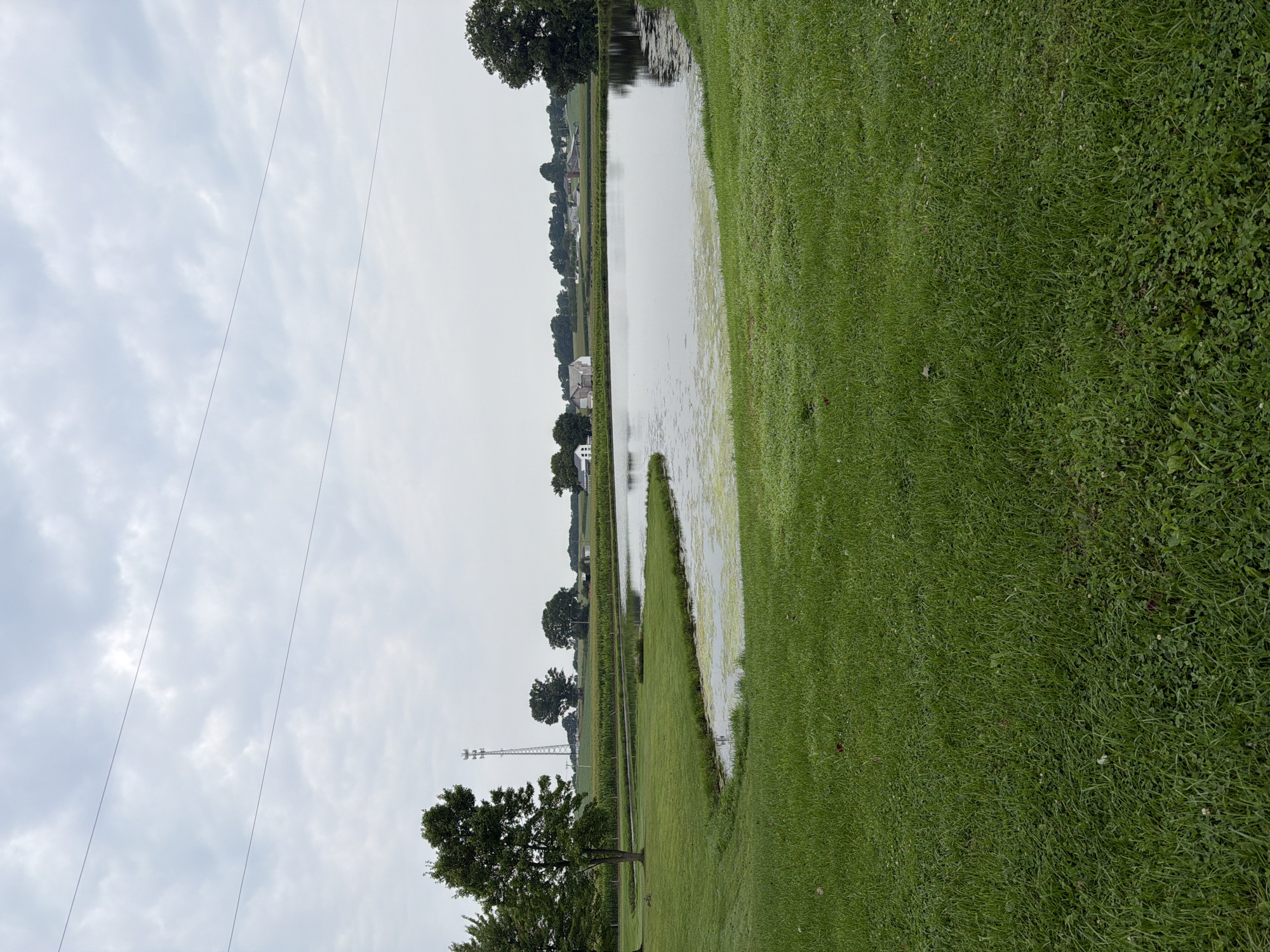 This is a photograph of a rural landscape in North Beaver Township, United States of America. The foreground is dominated by a lush green lawn. In the midground, a pond with some algae on its surface is visible. Beyond the pond, there are trees, farm buildings, and a cell tower. In the background, more trees and fields are present under a cloudy sky. Two power lines are strung across the sky.