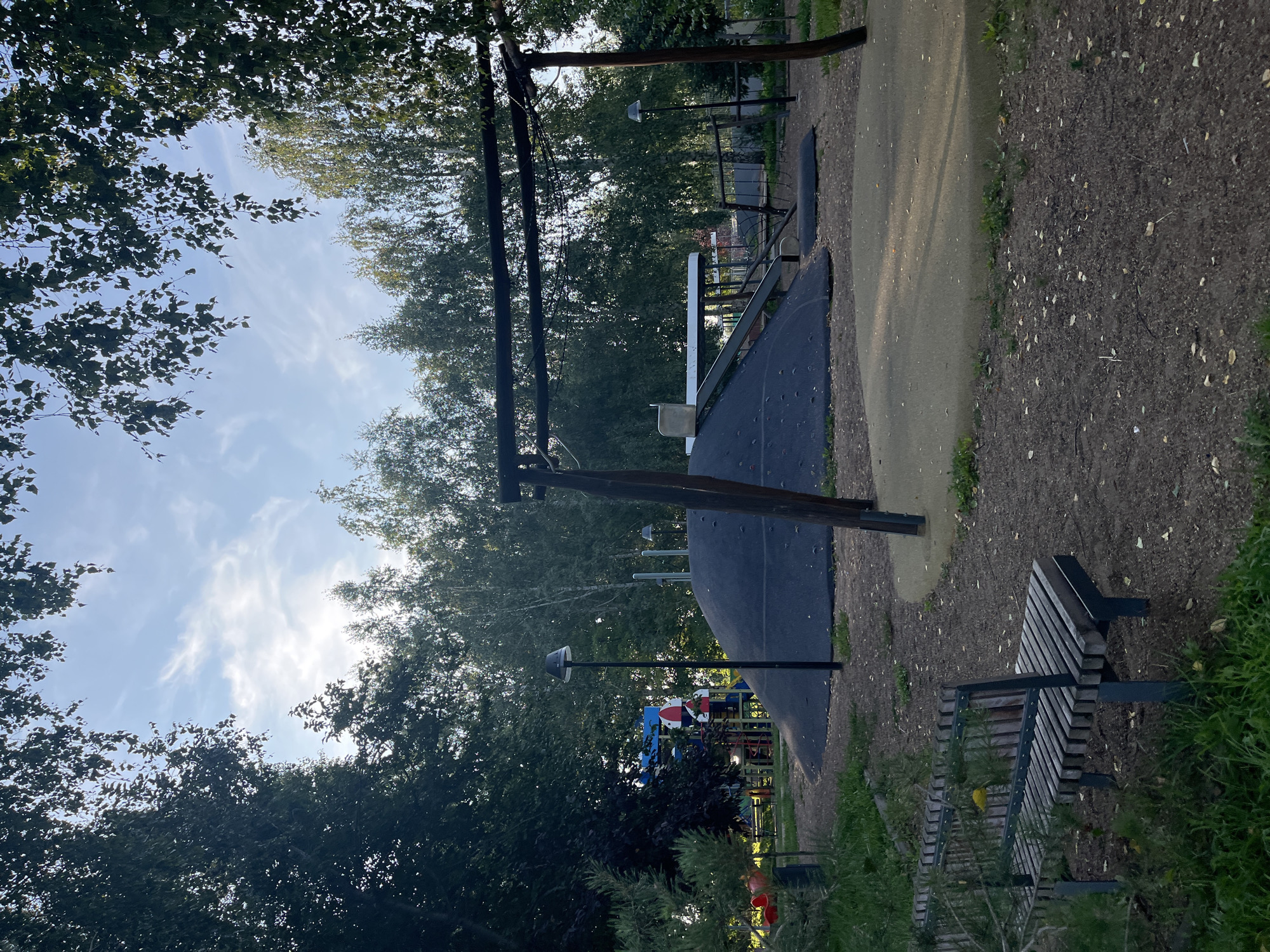 The image shows a playground in what appears to be a park setting. In the foreground, a wooden park bench is visible, with a small yellow bird perched on its back. The ground is covered in dirt and scattered leaves, with patches of grass. Behind the bench, a large, dark, dome-shaped play structure with climbing grips is the central feature. A metal swing set frame is positioned above it. Further back, there is a multi-colored playground structure with slides and platforms, partially obscured by trees. Several lampposts are also present. The background consists of a dense line of trees, and the sky above is partly cloudy with sunlight filtering through. The location is identified as Тугай, Russia.