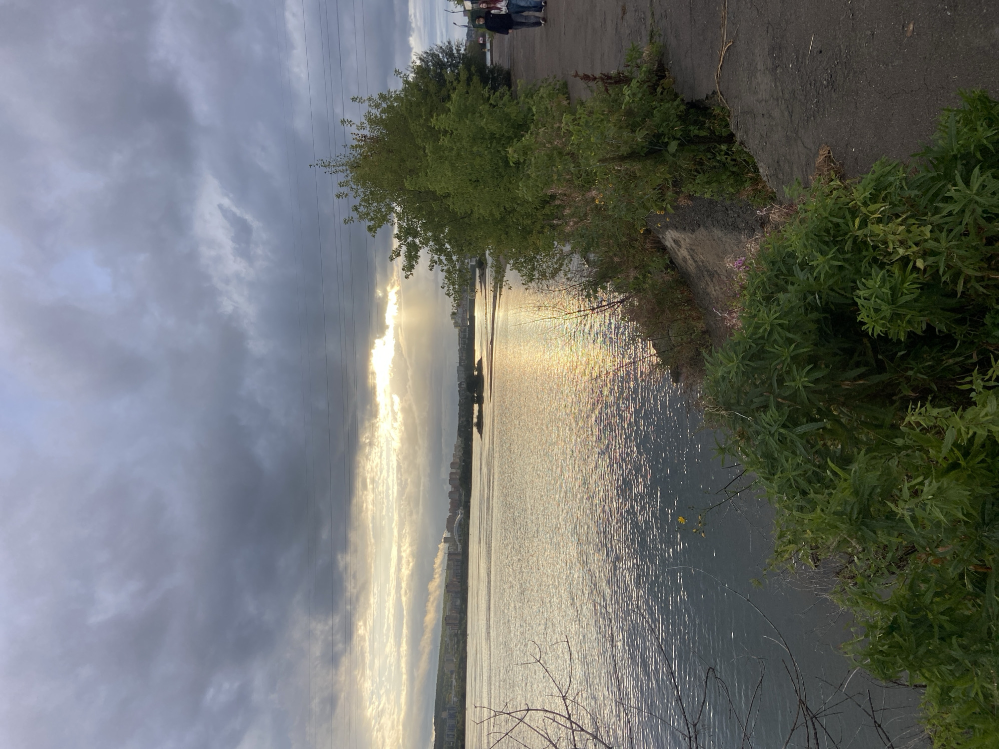 The image depicts a riverbank scene in Irkutsk, Russia, likely during the late afternoon or early evening given the low sunlight. The foreground is dominated by lush green vegetation and a rough, paved path leading away from the viewer. The path runs alongside a wide river, its surface rippling and reflecting the muted sunlight filtering through dramatic, overcast clouds. In the distance, a city skyline with numerous buildings is visible across the river, stretching along a distant hillside. Power lines crisscross the sky above the distant city. Two individuals, a man and a woman, are walking along the path towards the right side of the frame, away from the camera.