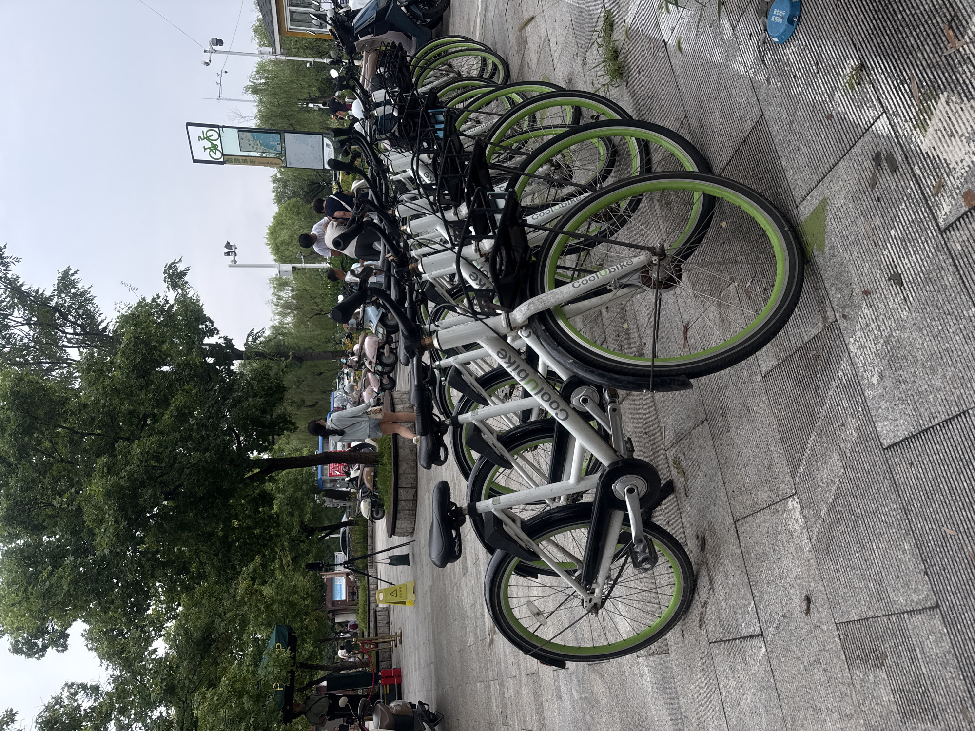 A row of white shared bicycles with green rims is parked on a grey stone-tiled sidewalk in Qinhuangdao, China. The bicycles have black seats and handlebars and baskets. The word "Coolbike" is visible on the frames of the bicycles. In the background, trees with dense green foliage create a natural canopy. Several people are visible in the distance, including a woman in a light blue top and denim shorts walking away from the camera, and other individuals standing near a kiosk or building. Several scooters are also parked in the background. The sky is overcast, suggesting a cloudy day. The scene appears to be in a public area, possibly a park or a street.