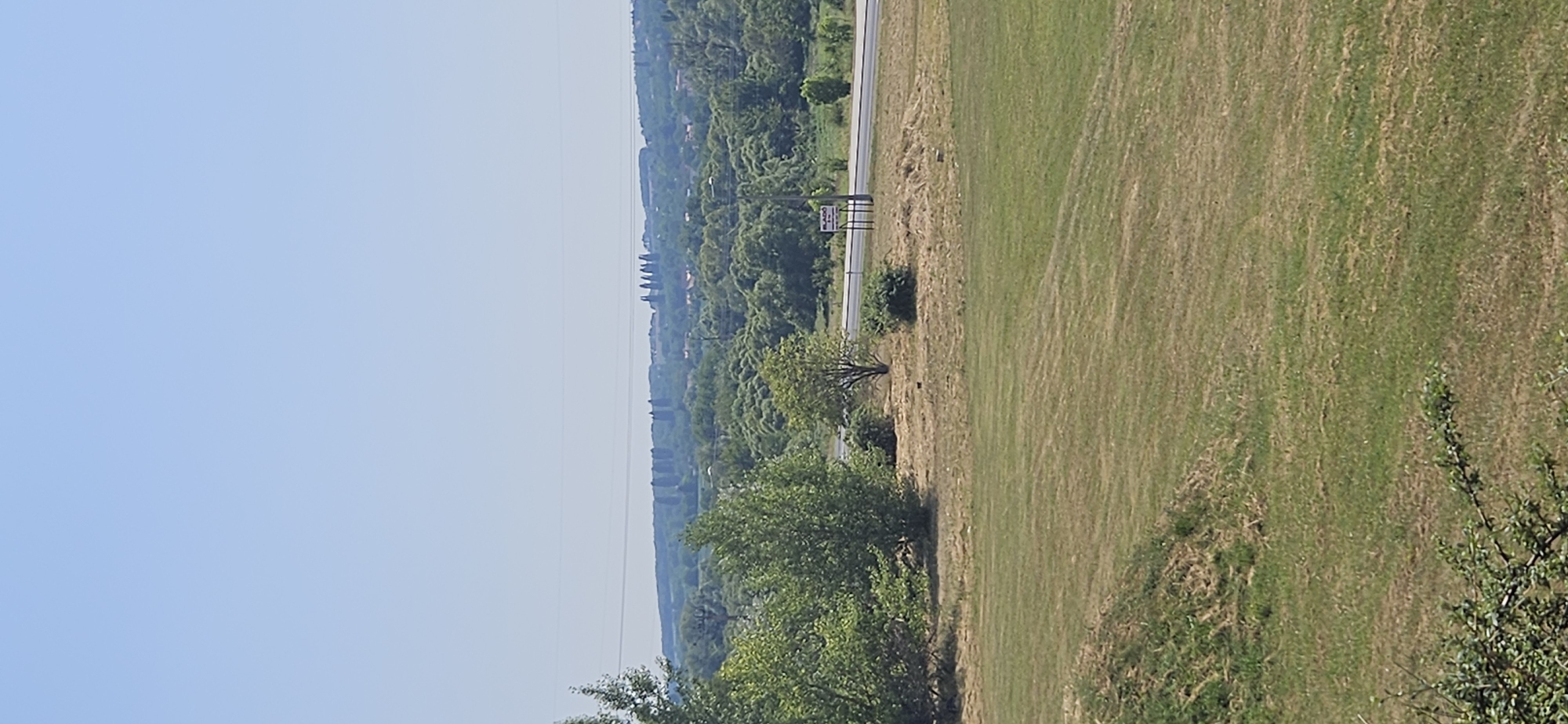 This is a landscape photograph taken in Alsópáhok, Hungary, with the image rotated 90 degrees clockwise. The scene depicts a wide, panoramic view under a clear, pale blue sky, suggesting a bright, sunny day, likely in the late morning or early afternoon.
The foreground is dominated by a large, dry, mown grass field, with the texture of the cut grass visible. The field slopes gently downwards from right to left. On the left side of the frame, there are trees and vegetation, with some of this foliage extending into the foreground.
In the middle ground, a road runs horizontally across the image, bordered by trees and more greenery on either side. A small sign with some text is visible on the left side of the road, attached to a metal frame. Further in the distance, a dense band of trees stretches across the horizon, forming a lush green backdrop. Beyond the trees, a village or town is discernible, with scattered houses and buildings nestled within the landscape, and a line of tall, slender trees that stand out against the skyline.
The overall setting is rural and idyllic, with rolling hills and expansive fields characteristic of the Hungarian countryside. The atmosphere appears serene and peaceful, with no people or animals visible in the frame. The clear sky and the dry, mown field suggest a warm, possibly summer, season. The photograph captures a tranquil rural vista, highlighting the natural beauty of the Alsópáhok region.