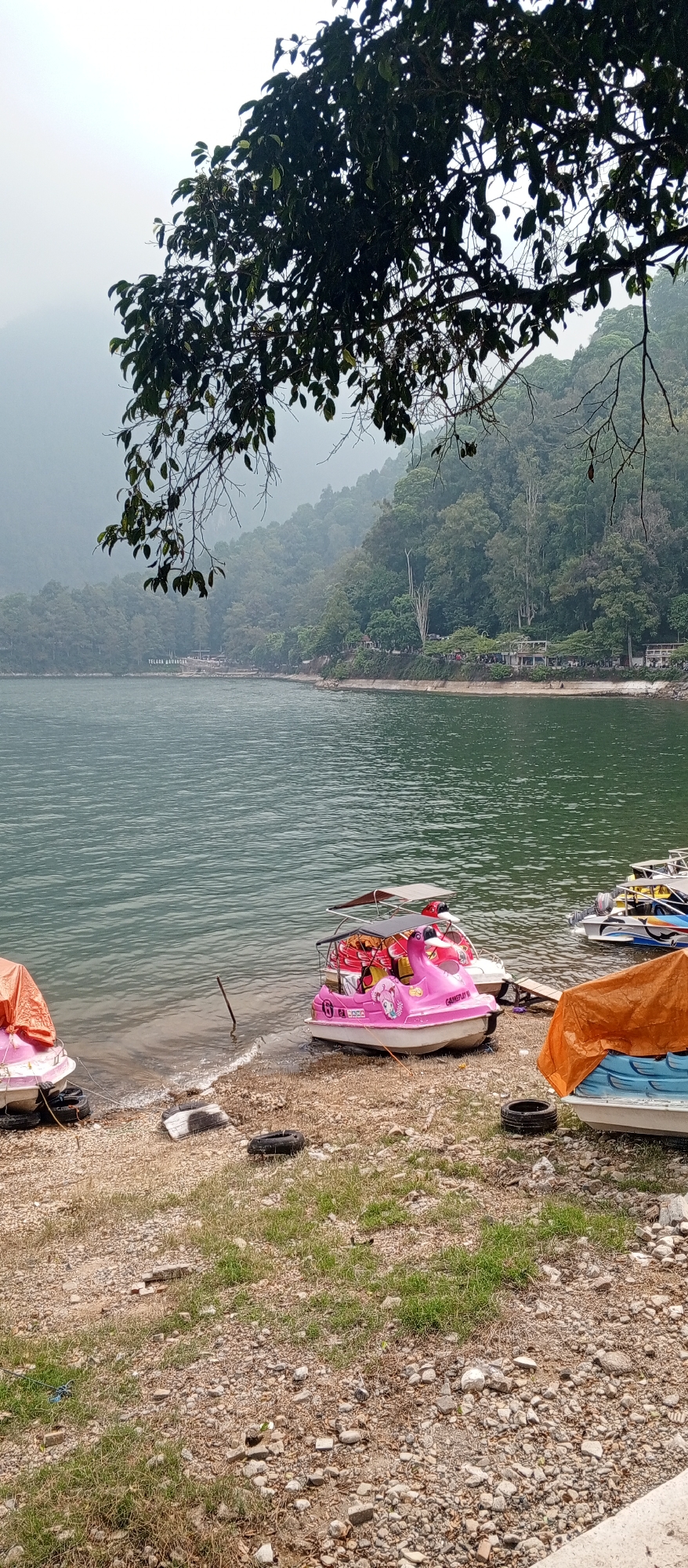 The image shows a scenic view of Sarangan Lake in Sarangan, Indonesia. The foreground features a pebble-strewn shore with several colorful pedal boats docked, including a bright pink swan-shaped boat. Some boats are covered with orange tarps, suggesting they are not in use. Tires are scattered on the shore, likely used as boat fenders or for other purposes. The lake itself is calm and reflects the overcast sky and the lush green forested hills in the background. A few jet skis are visible further out on the water. The trees in the upper left corner of the image partially obscure the view of the sky, creating a natural frame for the scene. The overall atmosphere is tranquil and hints at a recreational setting.