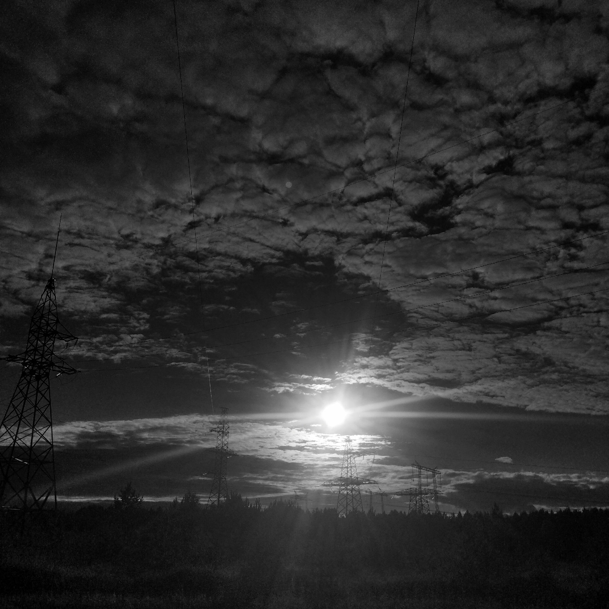 A black and white, wide-angle photograph captures a sunset over a rural landscape in Pokosnoye, Russia. The sun, a bright, intense orb, is low in the sky, casting long rays of light through a dramatic cloud formation. Power line towers, silhouetted against the sky, are scattered across the scene. The foreground is filled with dark, silhouetted vegetation, likely trees and tall grass. The sky is filled with textured clouds, some appearing wispy and others more dense, creating a sense of depth and movement. Several power lines crisscross the frame, further emphasizing the industrial presence in the natural setting. The overall mood is dramatic and slightly stark due to the black and white rendition and the silhouette effect of the sunset.