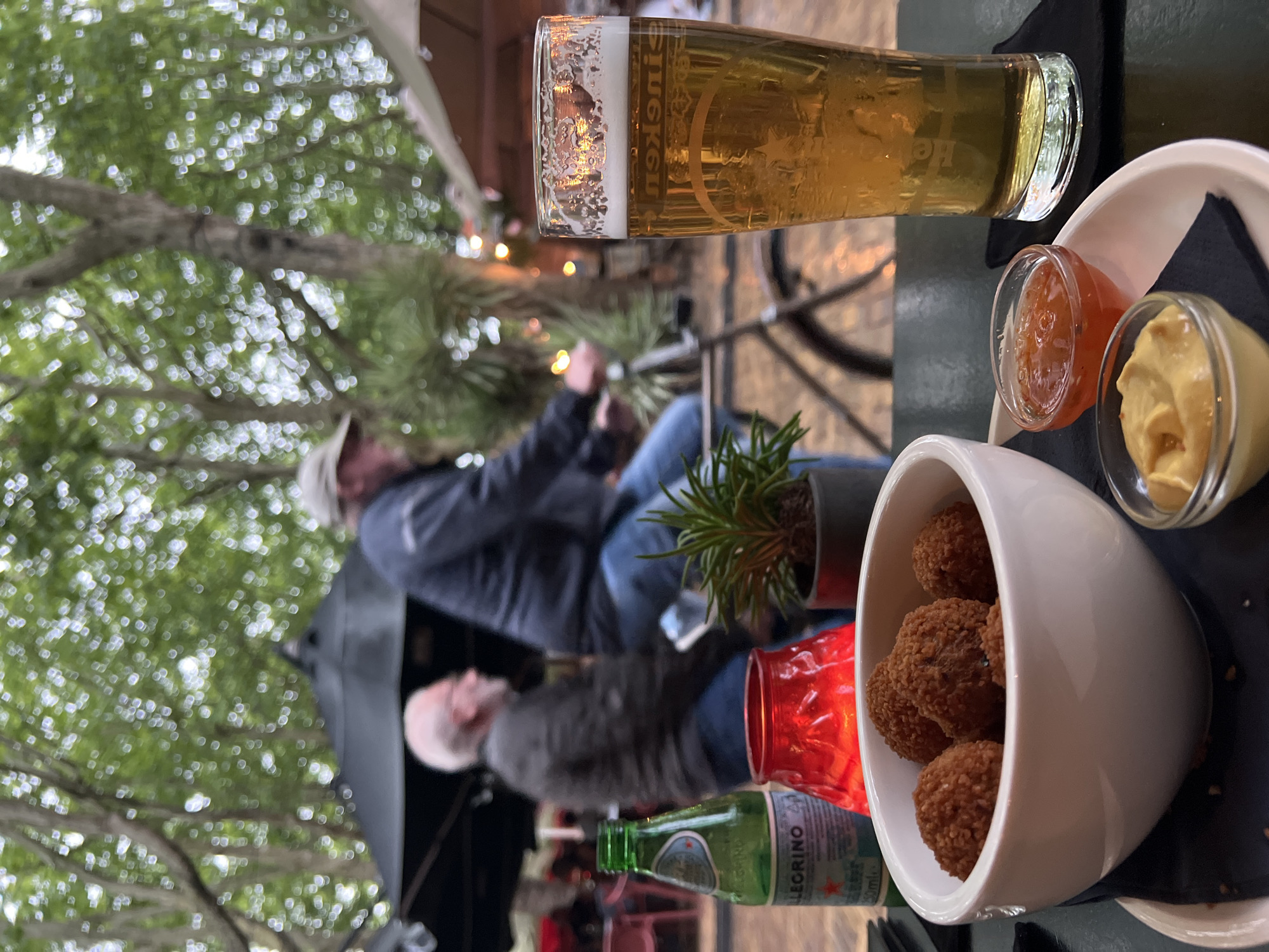 A close-up, slightly angled, outdoor shot shows a table with food and drink in the foreground, with a blurred background of people on bicycles and trees. On the table, a white bowl holds six fried, spherical snacks. Next to the bowl, two small glass dishes contain dipping sauces: one with a reddish-orange, textured sauce, and the other with a yellow, creamy sauce. A clear glass of beer, with foam at the top, stands to the right of the food. Behind the food and drink, a green glass bottle of San Pellegrino water is visible. A red, textured glass candle holder is placed in front of the water bottle. A small potted plant with thin green leaves sits between the water bottle and the beer.
In the background, two men are riding bicycles. One man, wearing a grey jacket and a cap, is in the foreground of the background scene, while another man, wearing a dark jacket, is behind him and to the left. The environment appears to be a public space with trees and possibly outdoor seating areas, suggested by the presence of umbrellas and string lights. The overall lighting indicates it is daytime, possibly late afternoon or early evening, with diffused natural light and some artificial lights. The blurred background suggests a shallow depth of field, focusing attention on the food and drink. The setting could be an outdoor cafe or restaurant area in a city. Delft, Netherlands, is a city known for its canals, historic buildings, and a vibrant cafe culture. This scene is plausible for an outdoor cafe setting in Delft, particularly in an area with tree-lined streets or squares.