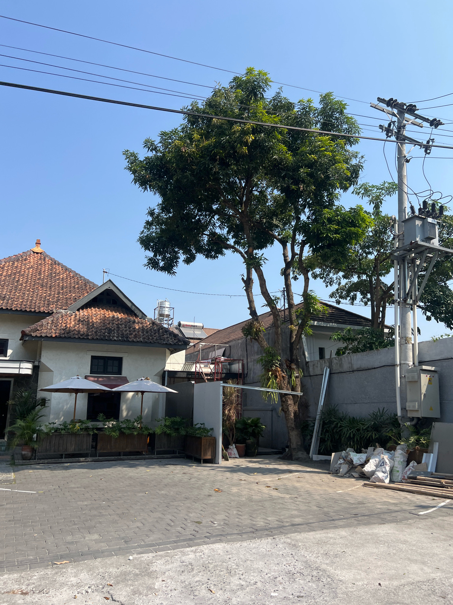 The image depicts a sunny outdoor scene in Yogyakarta, Indonesia. In the foreground, a paved area with grey interlocking bricks transitions to rougher concrete. To the left, a building with a traditional red tile roof features white walls, dark windows, and two large white umbrellas providing shade over an outdoor seating area with planters. A tall tree with dense green foliage stands to the right of this building. Further to the right, a concrete wall separates the foreground from the background, behind which are more trees and the upper parts of buildings. A prominent utility pole with a transformer and electrical wires is also visible on the right side of the image. Piles of construction debris, including bags and wooden planks, are present near the concrete wall. The sky is clear and blue.