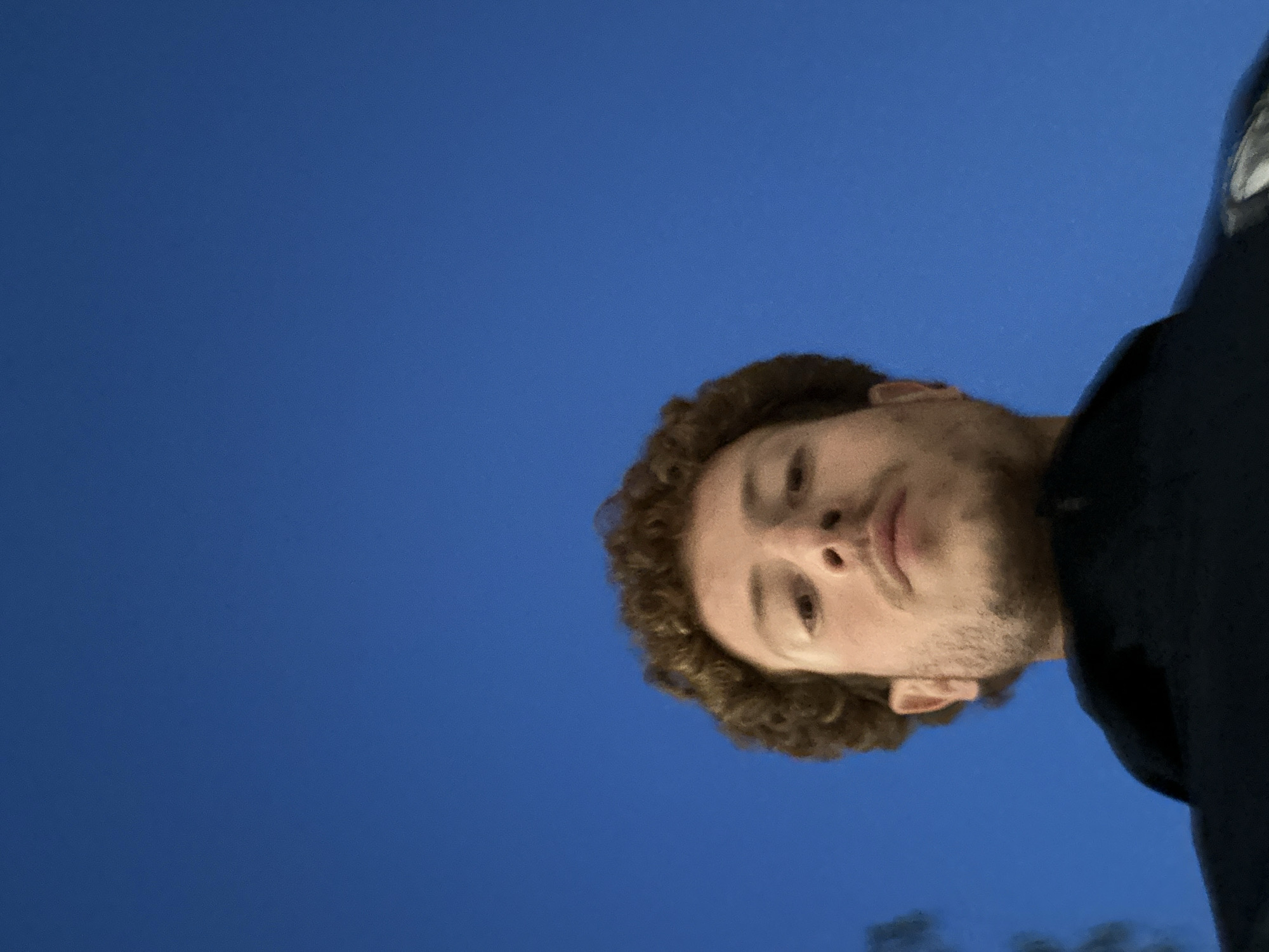 The image displays a medium-close-up portrait of a young man, presented on its side, against a vast, deep blue sky. The man's head and a portion of his right shoulder are visible on the right side of the frame. He has curly brown hair and light facial stubble. His eyes are open and directed towards the lower-left corner of the image, conveying a neutral or slightly pensive expression, with his lips slightly parted. He appears to be wearing a dark garment, possibly black or navy, visible on his shoulder and upper arm.
The dominant feature of the image is the clear, uniform expanse of the deep, dark blue sky, which fills the majority of the left and upper-left portions of the frame. This color suggests an outdoor setting during twilight or night. In the very bottom-right corner, a faint, blurry dark shape is discernible, potentially indicating distant foliage or structures. There are no other distinct objects or visible text within the image, and no specific location cues are apparent.
