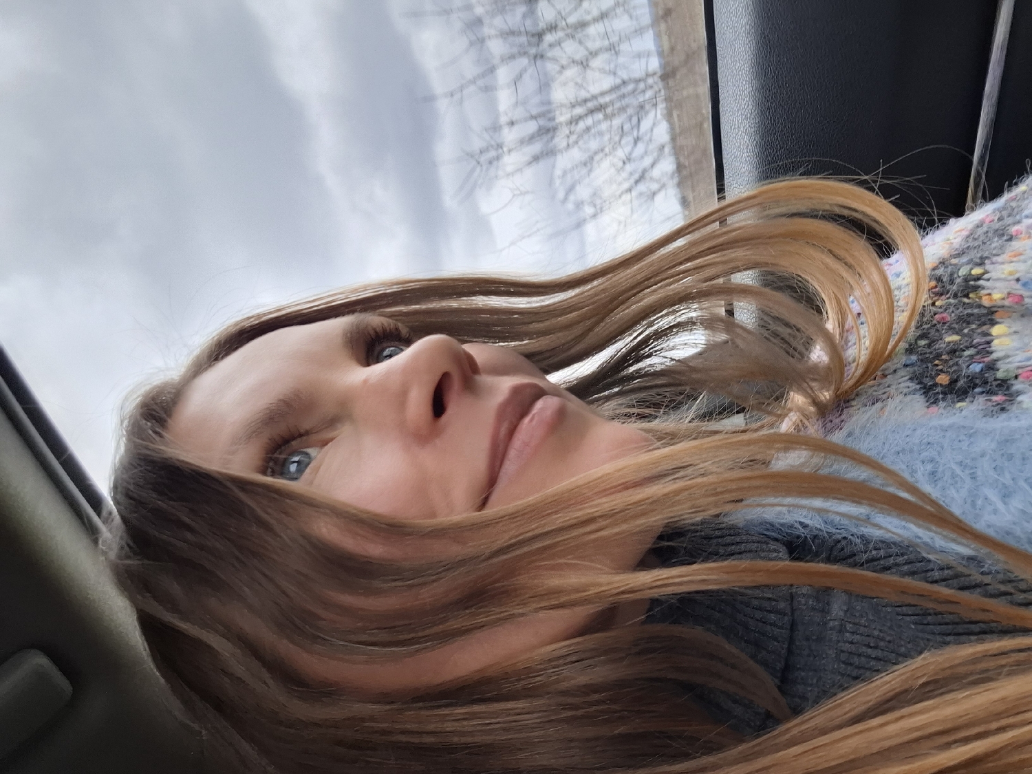 An intimate, low-angle portrait of a woman is captured from within a vehicle. Her face, with striking blue eyes, is positioned on the left side of the frame, looking slightly upward and to the right. Long, reddish-brown hair cascades across the image, partially framing her face and resting on her shoulder and chest. She is wearing a textured sweater, visible in soft light blue, gray, and with colorful flecks.
Through the car window, an overcast, cloudy sky is visible, along with the silhouettes of bare tree branches, indicating a colder season such as winter or early spring. Elements of the car's interior, including a light-colored headliner and a dark panel, frame the top and right edges of the shot. The perspective suggests the woman is reclining or lying down, gazing upwards. The scene is set in what is identified as Алисово, Russia, likely during daytime under an overcast sky. Her expression appears calm and neutral. There is no visible text.