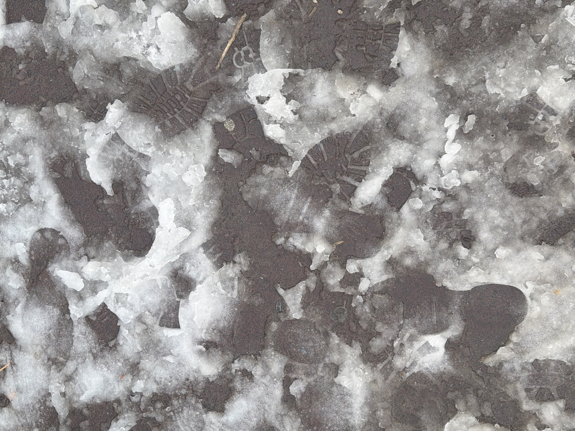 The image depicts a ground surface covered in a mix of dark soil or asphalt and melting snow or ice. Several human footprints are visible in the melting snow, indicating recent pedestrian traffic. A small twig or piece of debris is also present. The image location in Chaikovsky, Russia is not possible to determine based solely on the visual information provided.