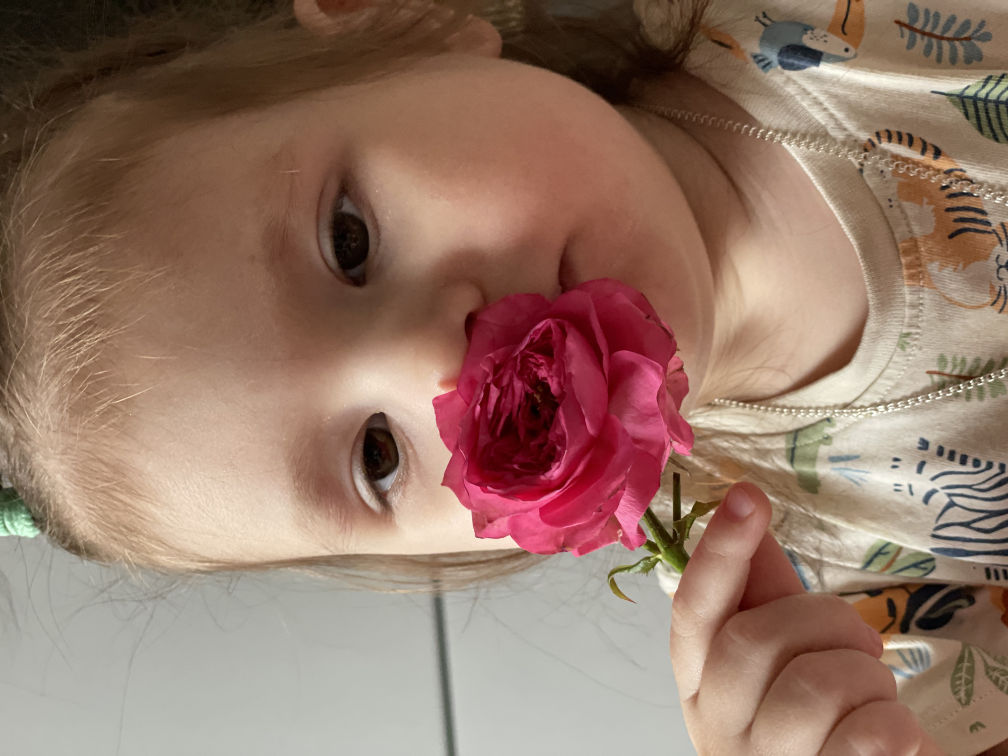 A young child is holding a pink rose in front of their nose. The child has light skin and brown eyes. They are wearing a t-shirt with a pattern of animals and plants, and a silver necklace. The background is a blurry white or light grey surface. The location in Izhevsk, Russia is not visible in the image.