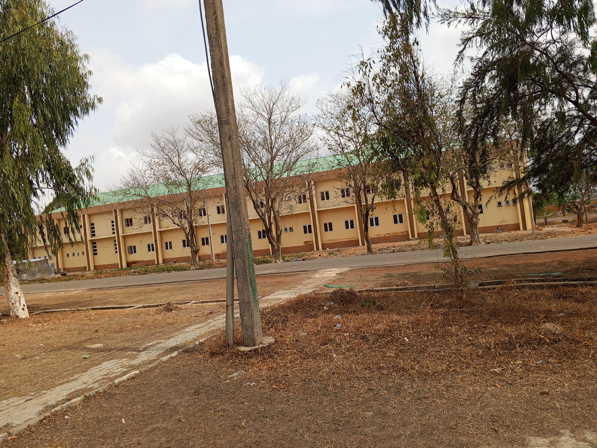 The image depicts a three-story, light-tan building with a green roof located near Baganakwo, Nigeria. The building has multiple windows arranged in rows. A paved road separates the building from a foreground area of dry grass and sparse vegetation. Several trees, some with bare branches and others with foliage, are scattered throughout the scene. A concrete utility pole is prominently positioned in the middle of the frame. The sky is overcast with some visible clouds. No people are visible in the image. The overall environment appears to be an outdoor, possibly institutional, setting.